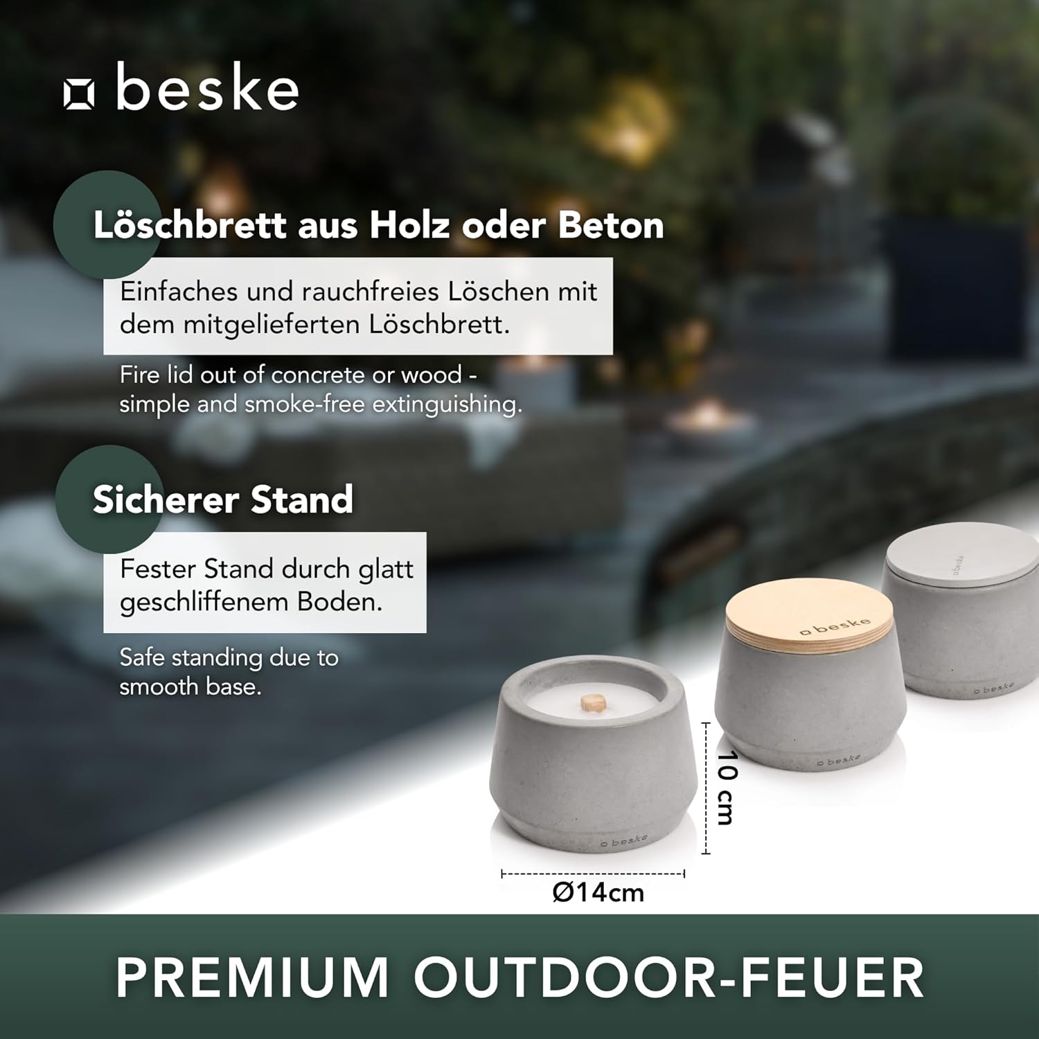 BESKE Betonfeuer Steller Ø 14cm - bauchig inkl. Löschbrett - HANDARBEIT Made in Germany von Beske-Manufaktur