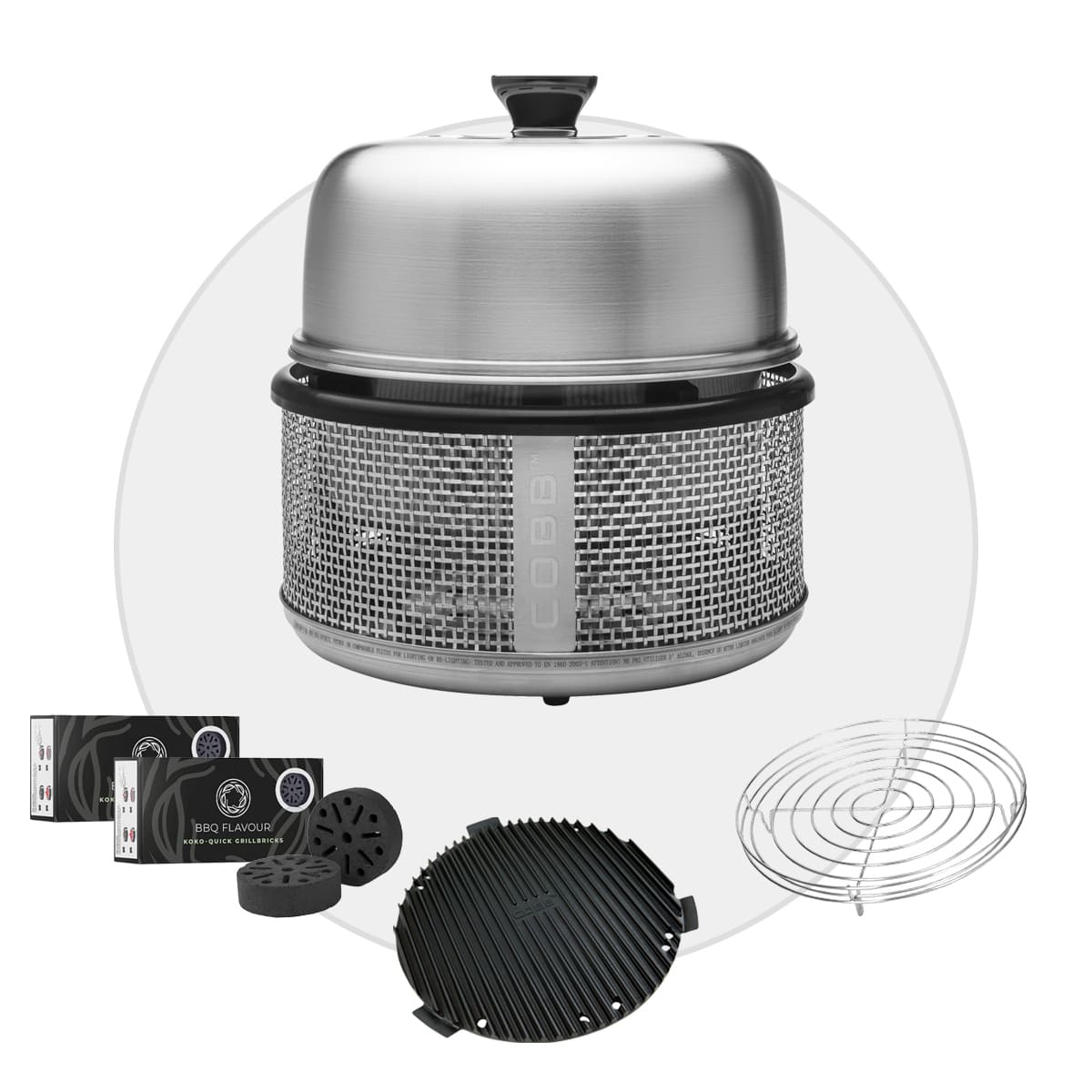 COBB Premier AIR DELUXE Grill inkl. Air Deckel & Griddle+ & Bratenrost & BBQ Flavour Quick Koko Briketts von Cobb