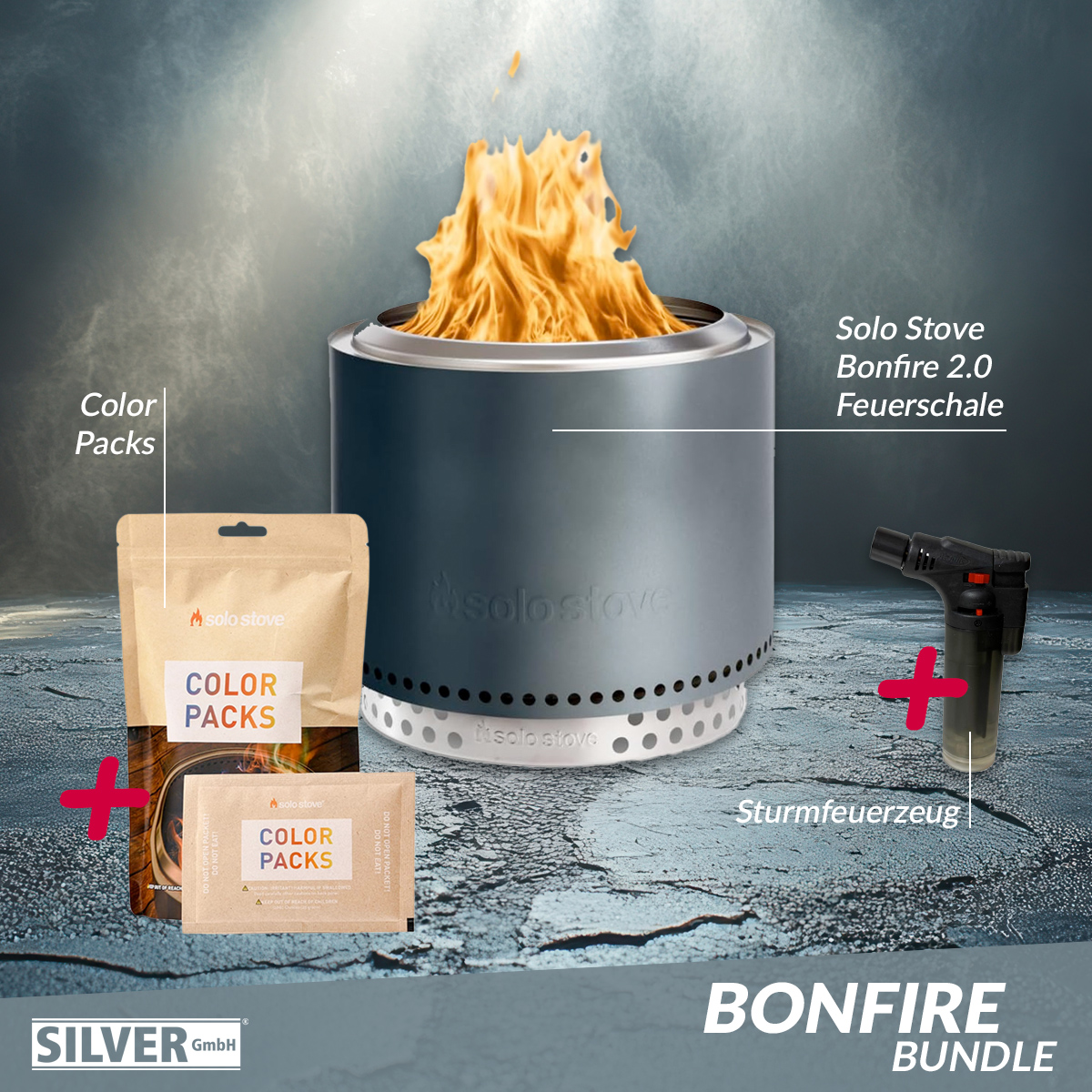 Solo Stove BONFIRE 2.0 + STAND Gunmetal Metallic + Buntes Feuer + Sturmfeuerzeug