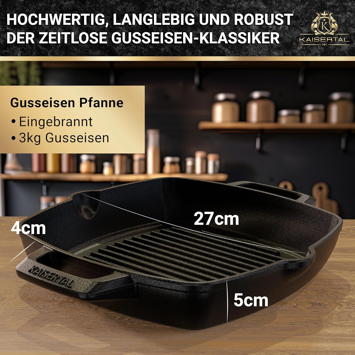 KAISERTAL Gusseisen Grillpfanne 26 cm Eingebrannt - Quadratisch mit Doppelgriff von KAISERTAL