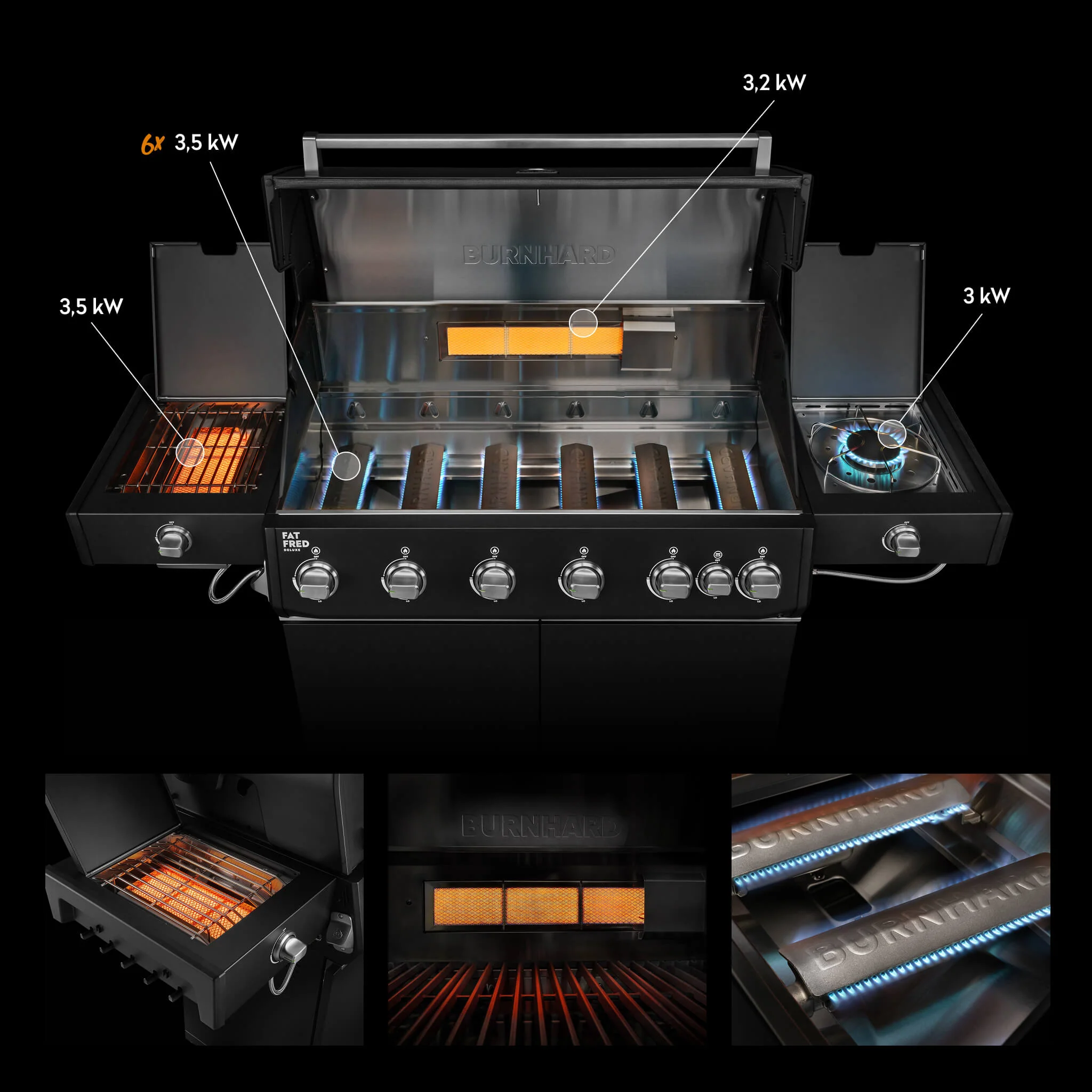 BURNHARD Fat FRED Deluxe Plus Gasgrill 6 Brenner Series 4 Black Edition mit Gusseisen Grillrost Maximale BBQ Power 30,7 kW XXL Premium Ausstattung von BURNHARD