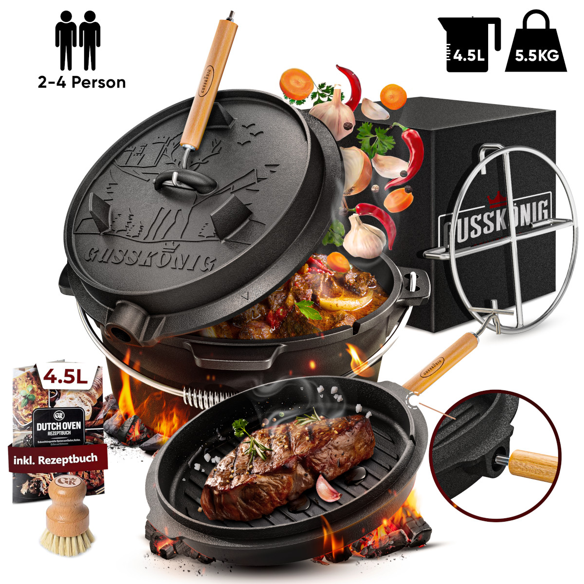GUSSKÖNIG 4,5 Liter Dutch Oven Set ohne Füße | Eingebrannter Feuertopf | 2in1 Deckelheber | Bürste GUSSKÖNIG 4,5 Liter Dutch Oven Set ohne Füße | Eingebrannter Feuertopf | 2in1 Deckelheber | Bürste