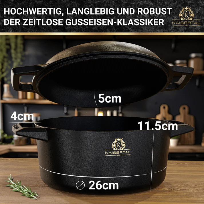 KAISERTAL Gusseisen Topf - 2-in-1 Schmortopf 26 cm mit Deckel 6,4 Liter - Eingebrannt von KAISERTAL