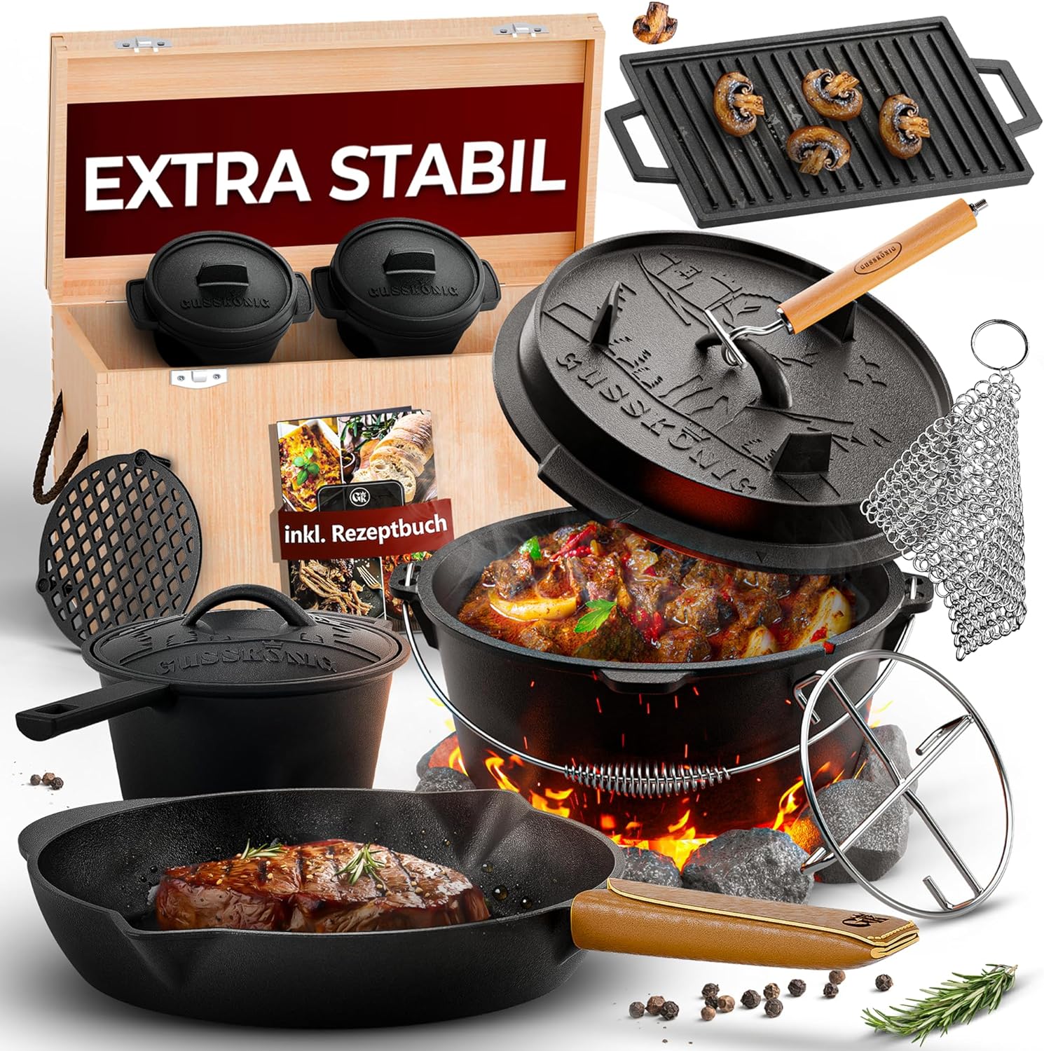GUSSKÖNIG Dutch Oven Set 13-teilig - bereits eingebranntes Gusseisen Topf Set von GUSSKÖNIG GUSSKÖNIG Dutch Oven Set 13-teilig - bereits eingebranntes Gusseisen Topf Set von GUSSKÖNIG