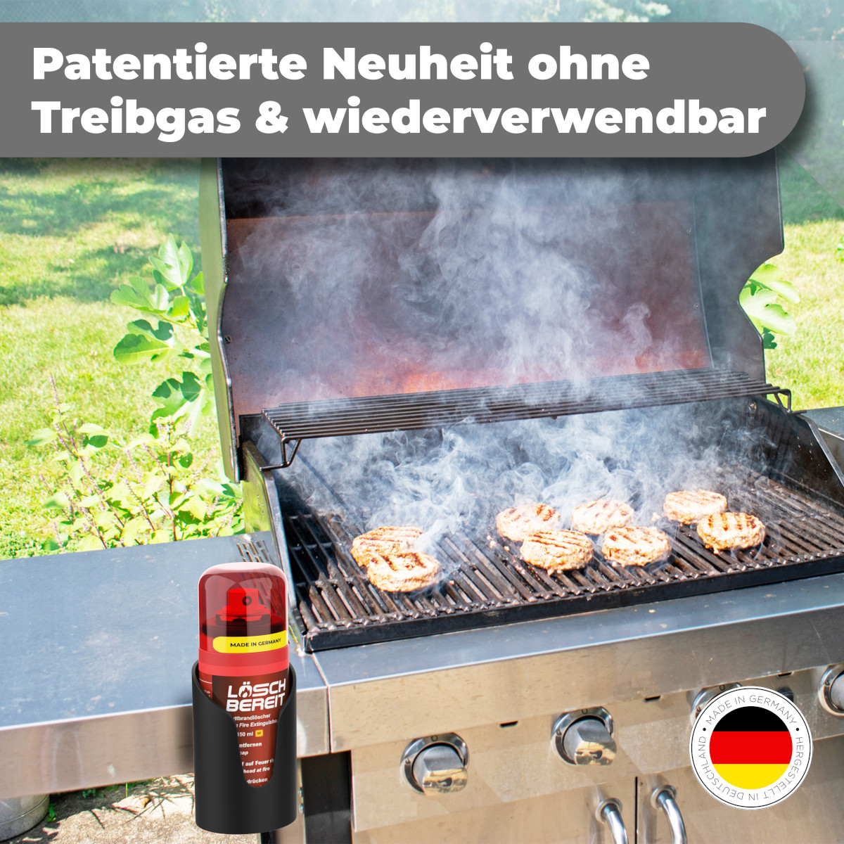 LöschBereit tragbarer Fettbrandlöscher für Camper - Grill - Küche - Werkstatt 150ml von form.bielefeld