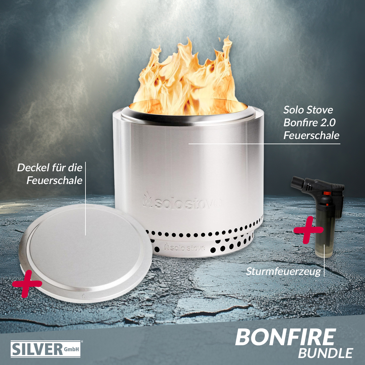 Solo Stove BONFIRE 2.0 Edelstahl Bundle inkl. Edelstahl Deckel + Standfuß + Tragetasche + Sturmfeuerzeug