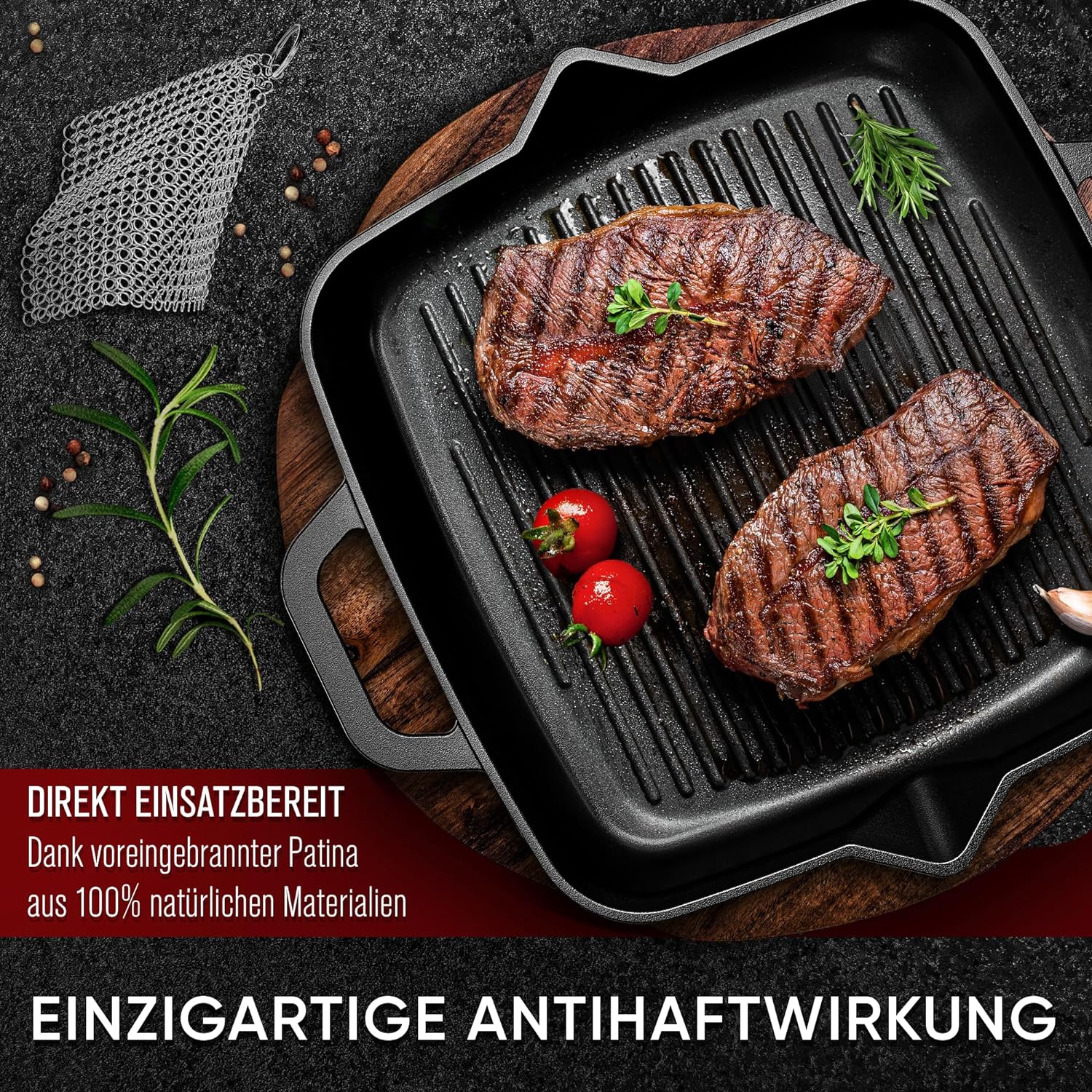 GUSSKÖNIG 26cm quadratische Gusseisenpfanne Pfanne Gusseisen - Grillpfanne Induktion von GUSSKÖNIG