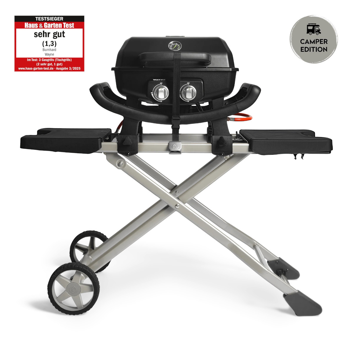 BURNHARD WAYNE 30 mbar Camper Edition Gasgrill mit Rollwagen für Wohnmobil, Wohnwagen und VAN
