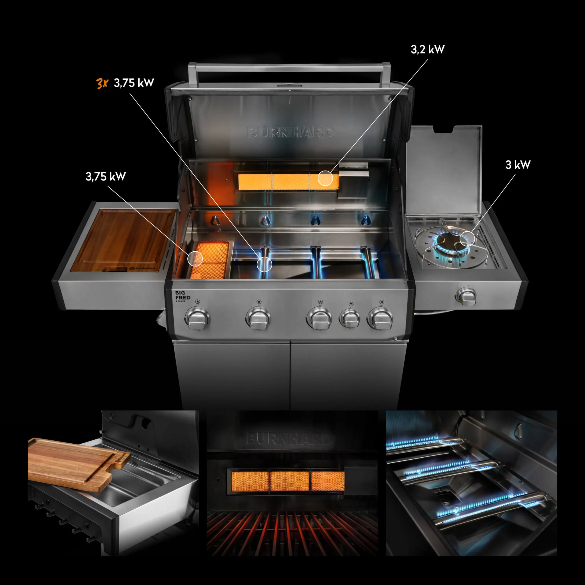 BURNHARD Big FRED Deluxe Gasgrill 4 Brenner Series 4 Edelstahl Grill mit Gusseisen Grillrost Maximale BBQ Power 21,2 kW Premium Ausstattung von BURNHARD