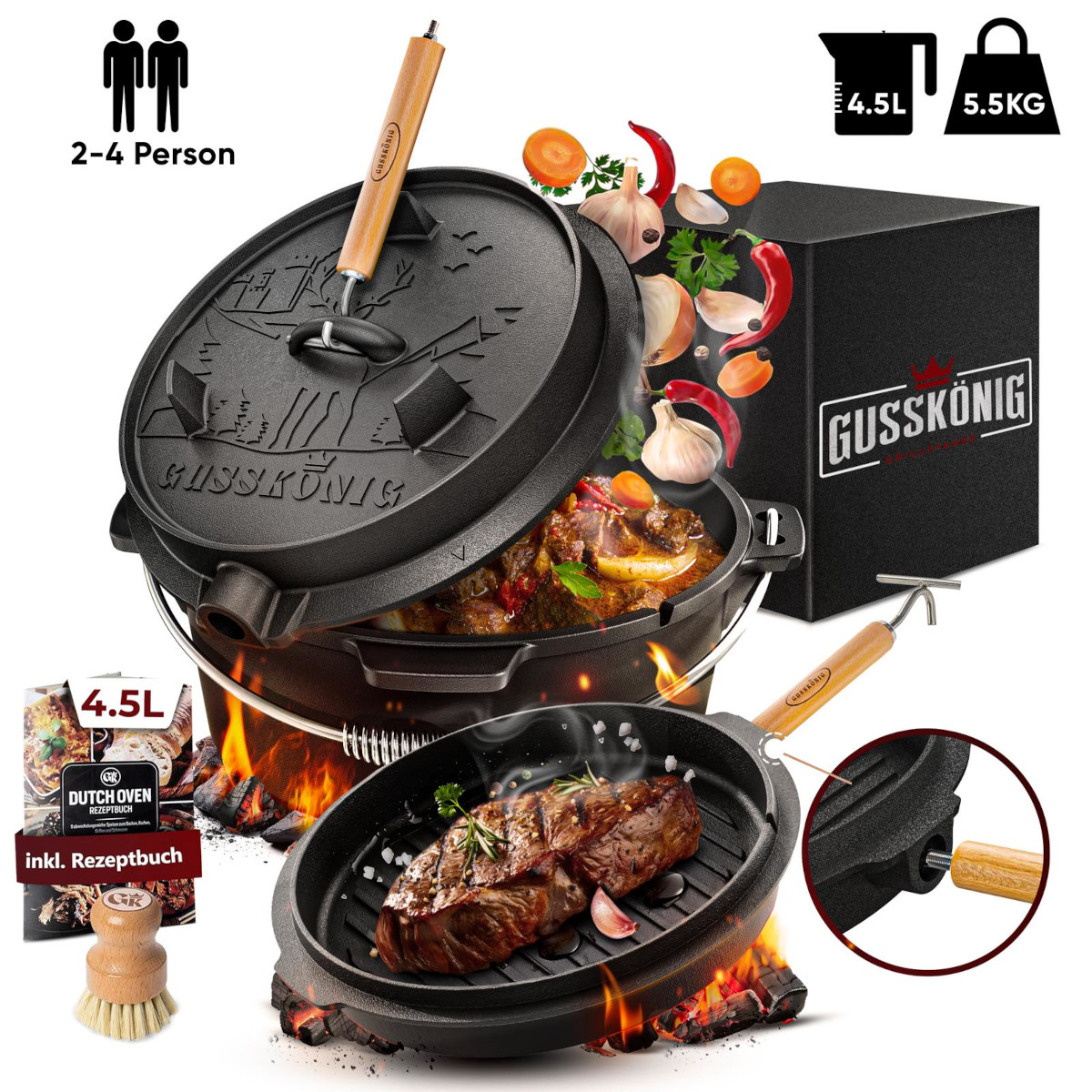 GUSSKÖNIG 4,5 Liter Dutch Oven Set mit Füßen | Eingebrannter Feuertopf | 2in1 Deckelheber | Bürste GUSSKÖNIG 4,5 Liter Dutch Oven Set mit Füßen | Eingebrannter Feuertopf | 2in1 Deckelheber | Bürste