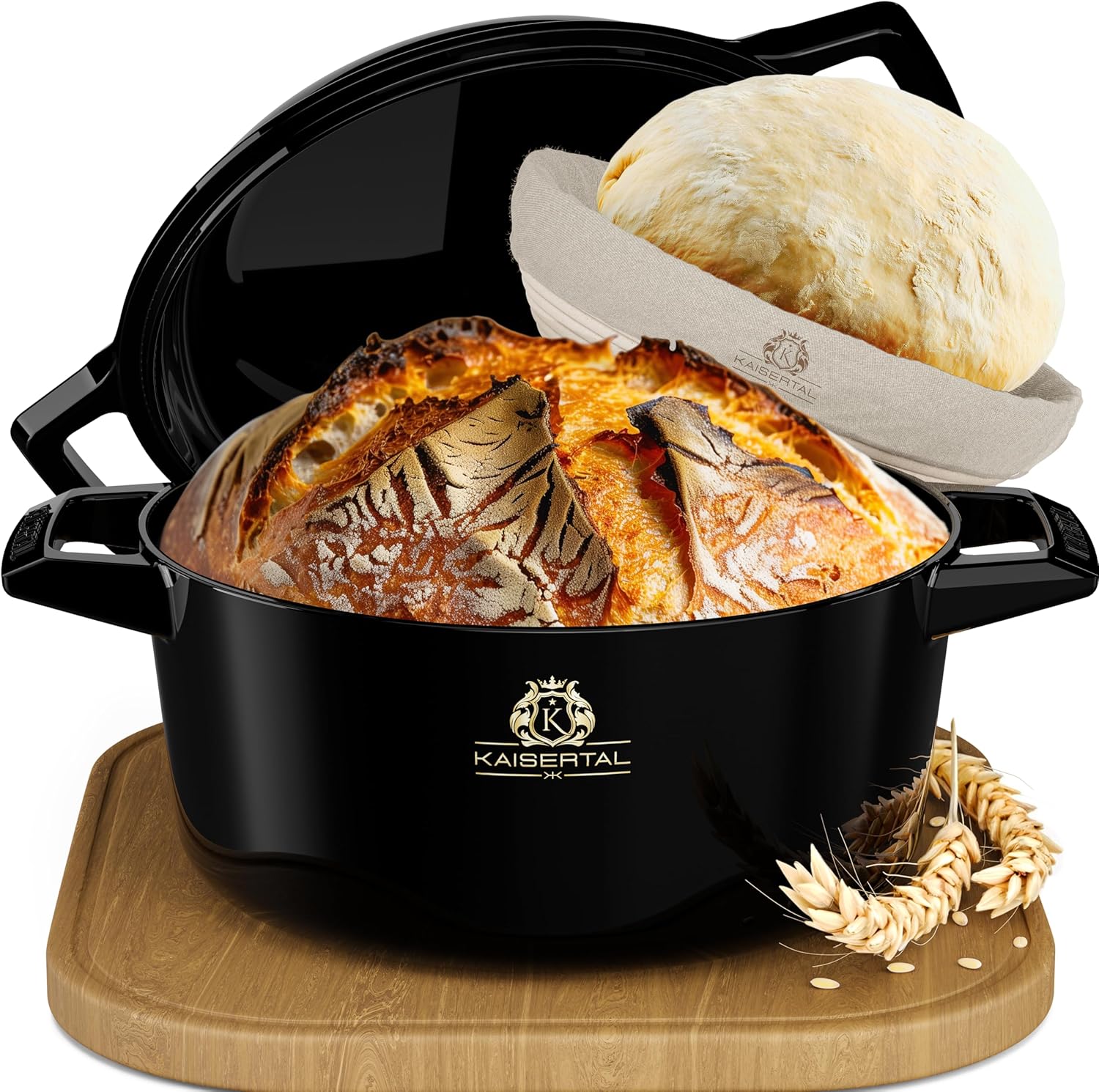 KAISERTAL Emailliert Gusseisen Brotbackform mit Deckel 26cm - inkl. Gärkorb