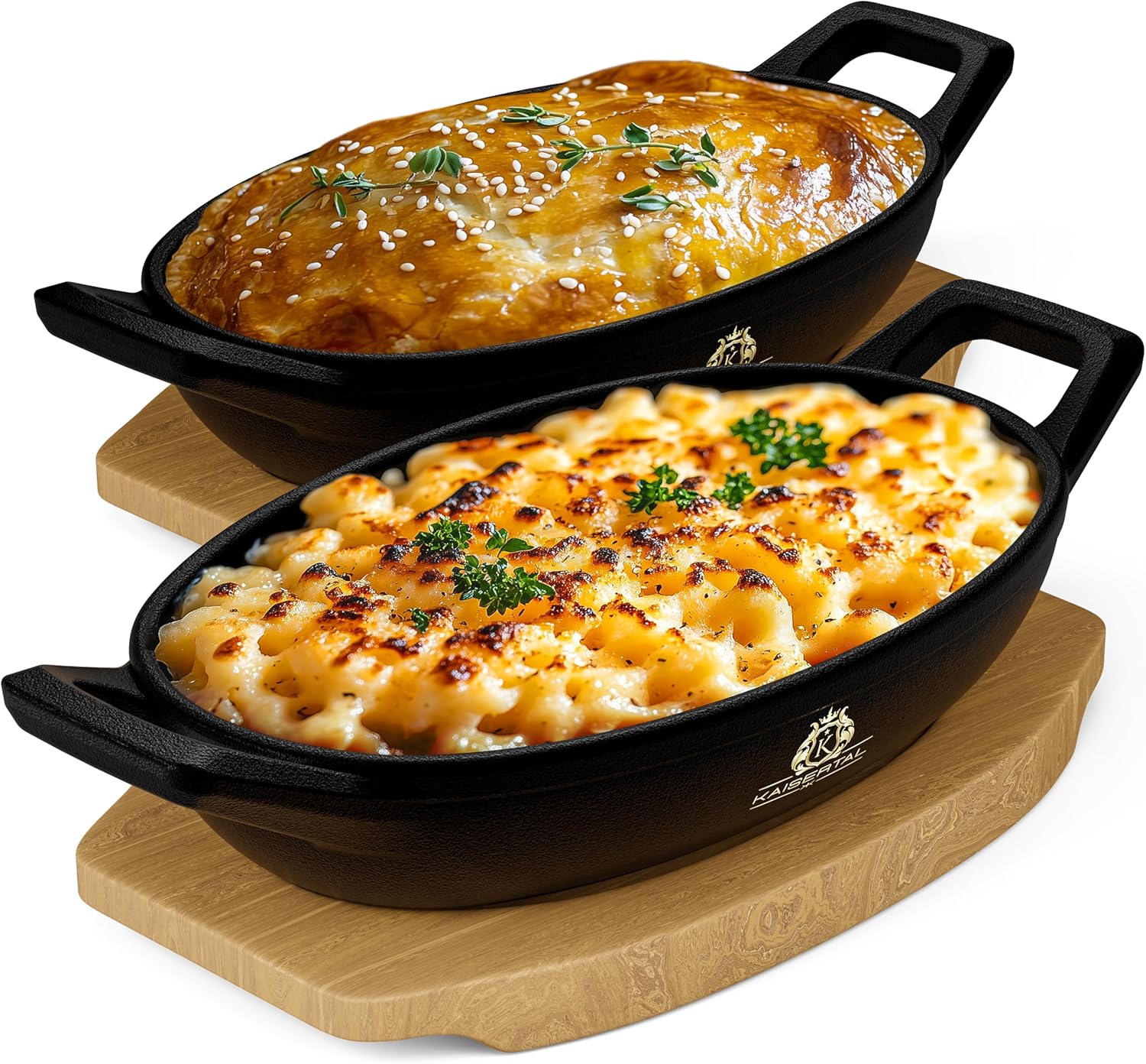 KAISERTAL 2er Set Servierpfanne Gusseisen Oval 15x10 cm - Pfanne mit 2 Griffen & Holzuntersetzer von KAISERTAL