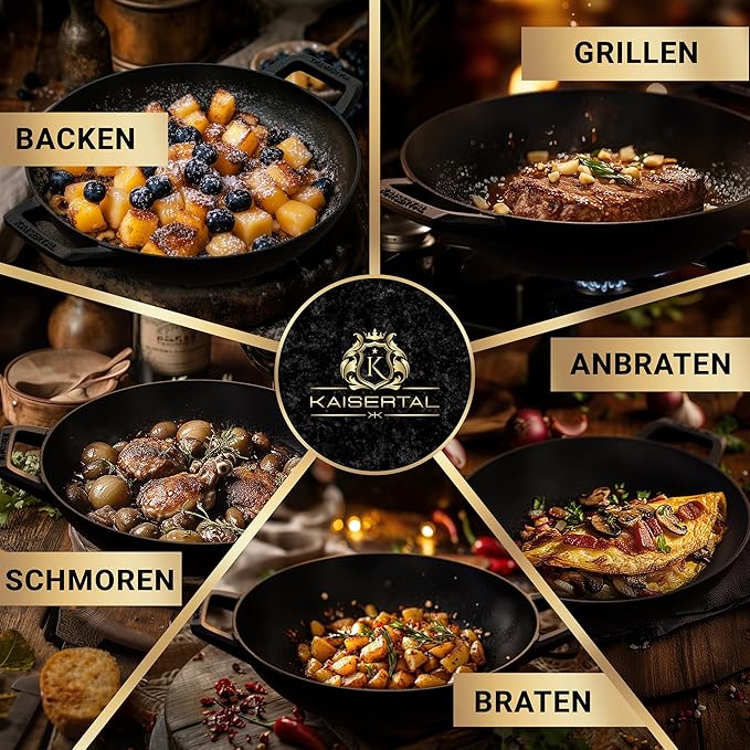 KAISERTAL Gusseisen Wok 33 cm Eingebrannt - mit Glasdeckel von KAISERTAL
