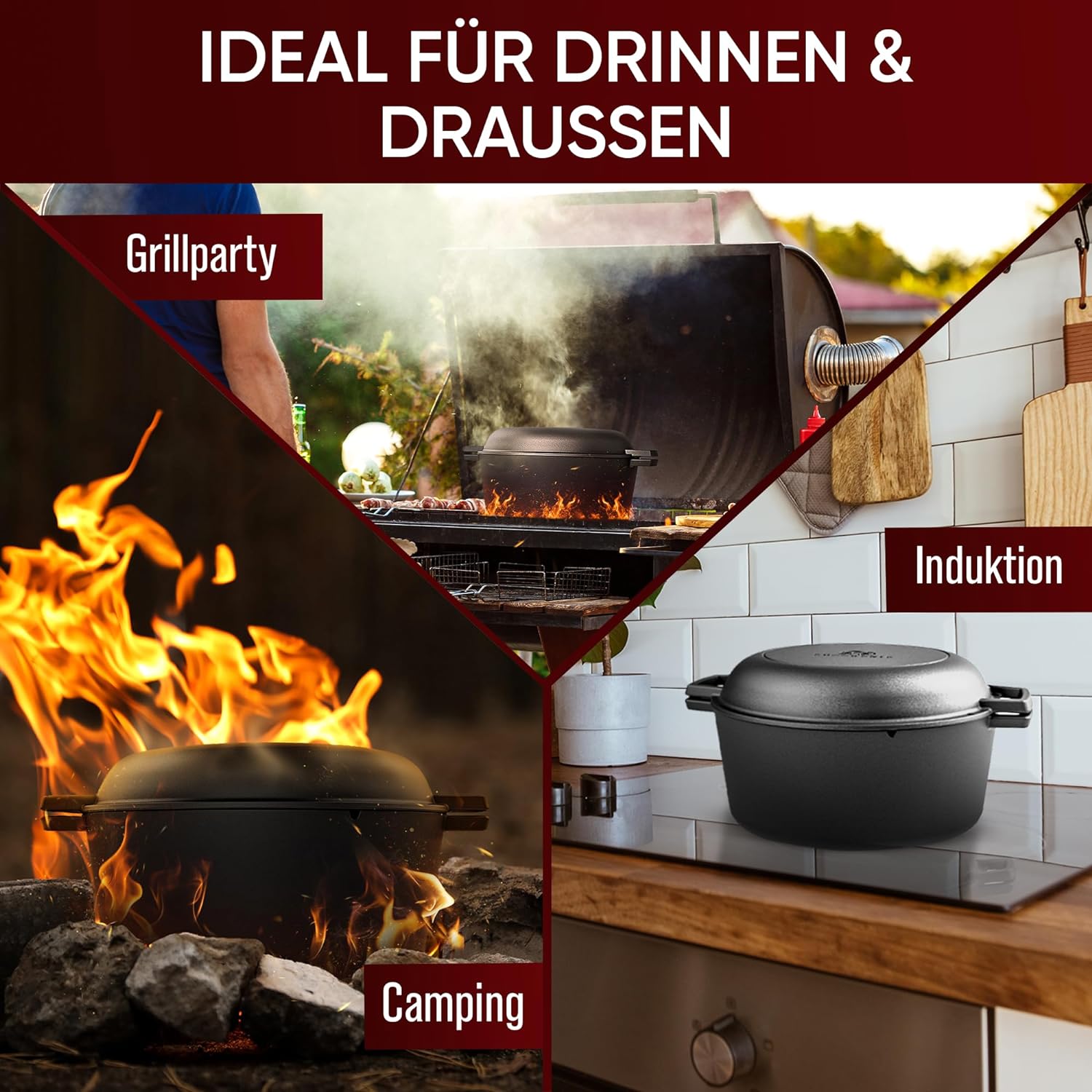 GUSSKÖNIG Dutch Oven - 2in1 Eingebrannter Gusseisen Topf 4,8L & Gusspfanne 1,8L von GUSSKÖNIG