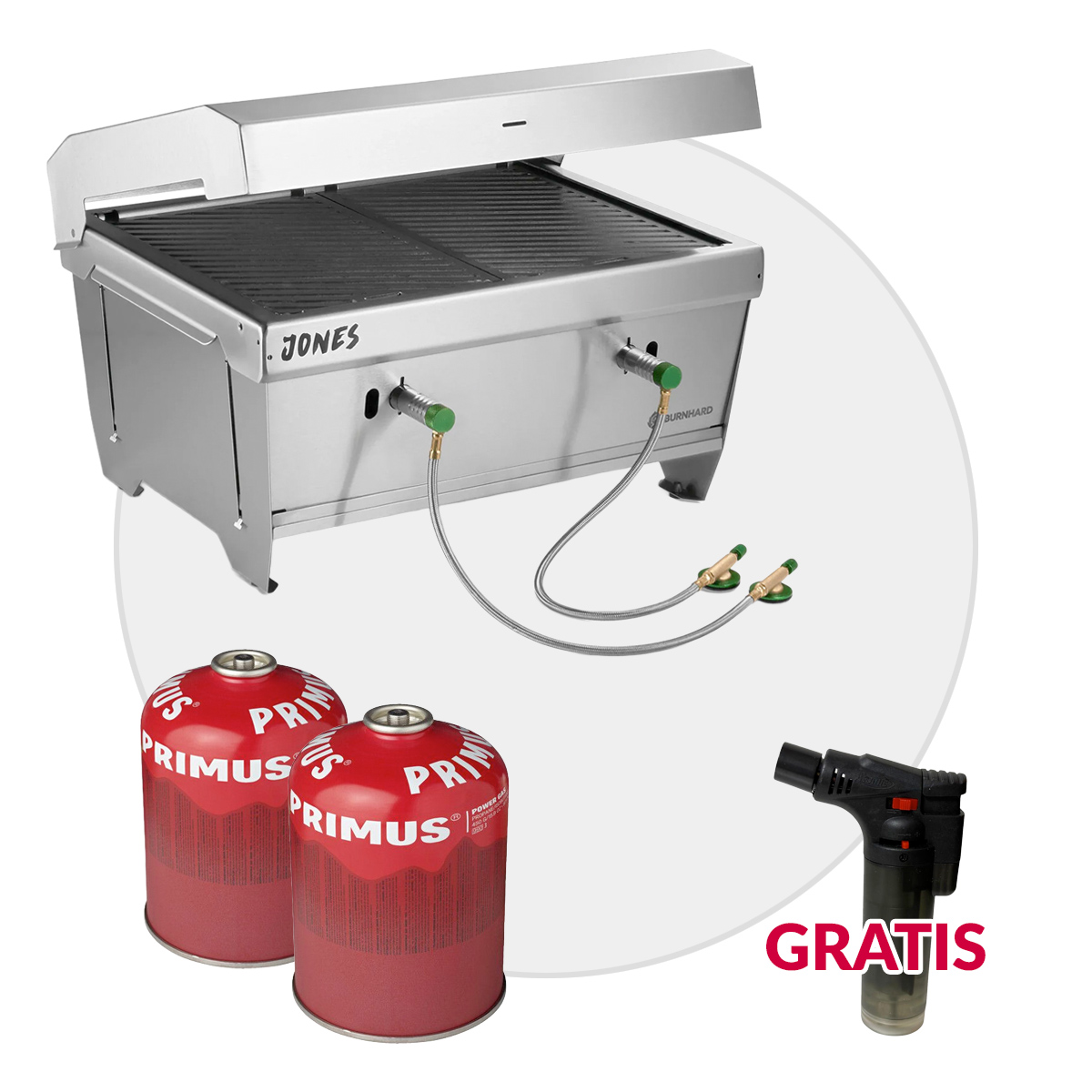 BURNHARD JONES Campinggrill 2 Brenner + 2x Primus 450g Gaskartuschen Bundle