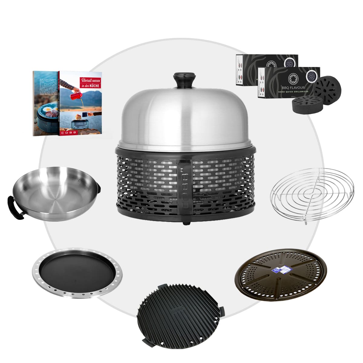 COBB PRO BLACK Holzkohle Grill inkl. Grillplatte ~ 8-teilig inkl. BBQ Flavour Quick Koko Briketts | SET 4