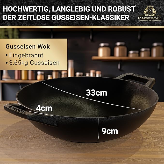 KAISERTAL Gusseisen Wok 33 cm Eingebrannt - ohne Glasdeckel von KAISERTAL
