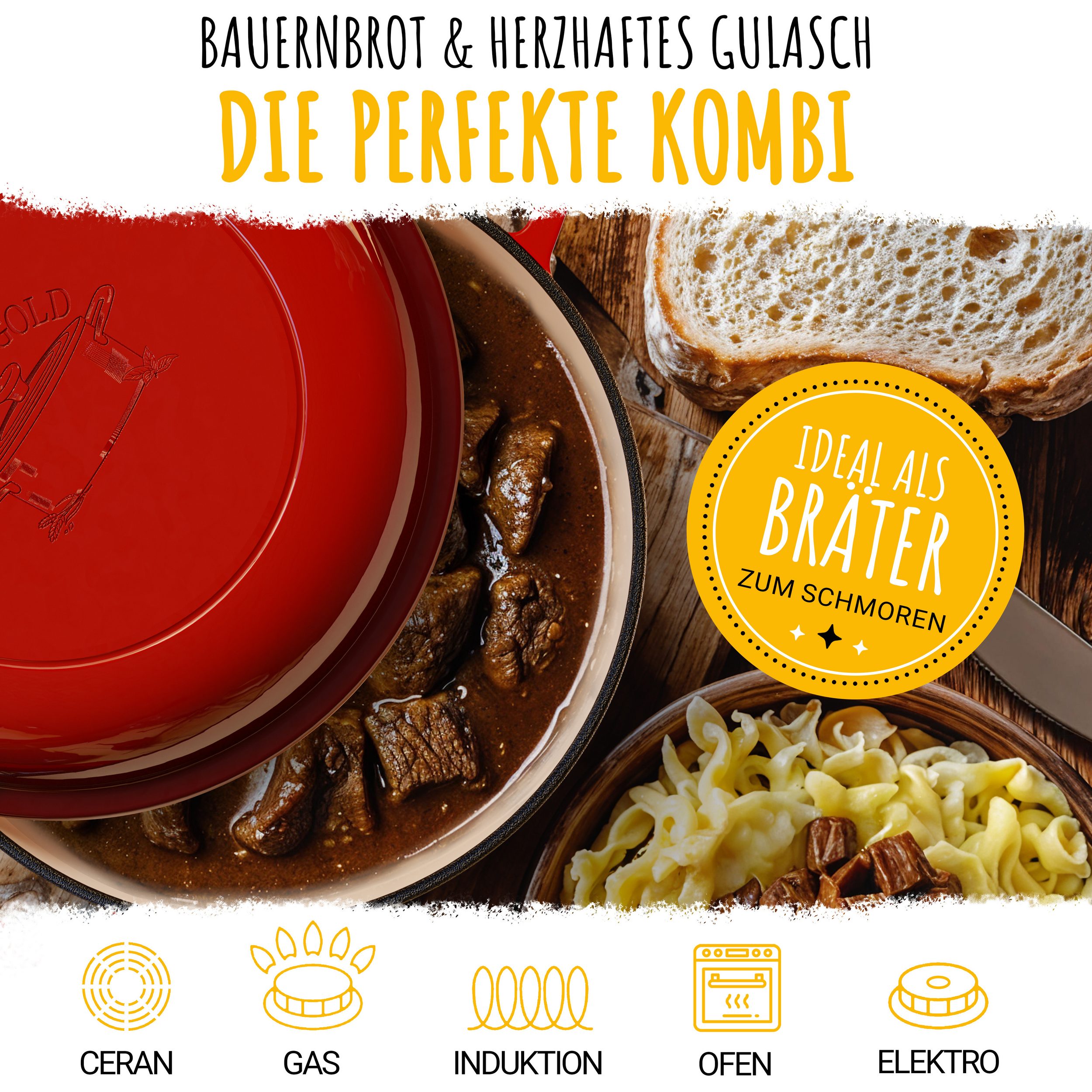 SCHMORGOLD Brotbacktopf & Schmortopf aus emailliertem Gusseisen & Gärkorb - 26 cm grifflos von SCHMORGOLD