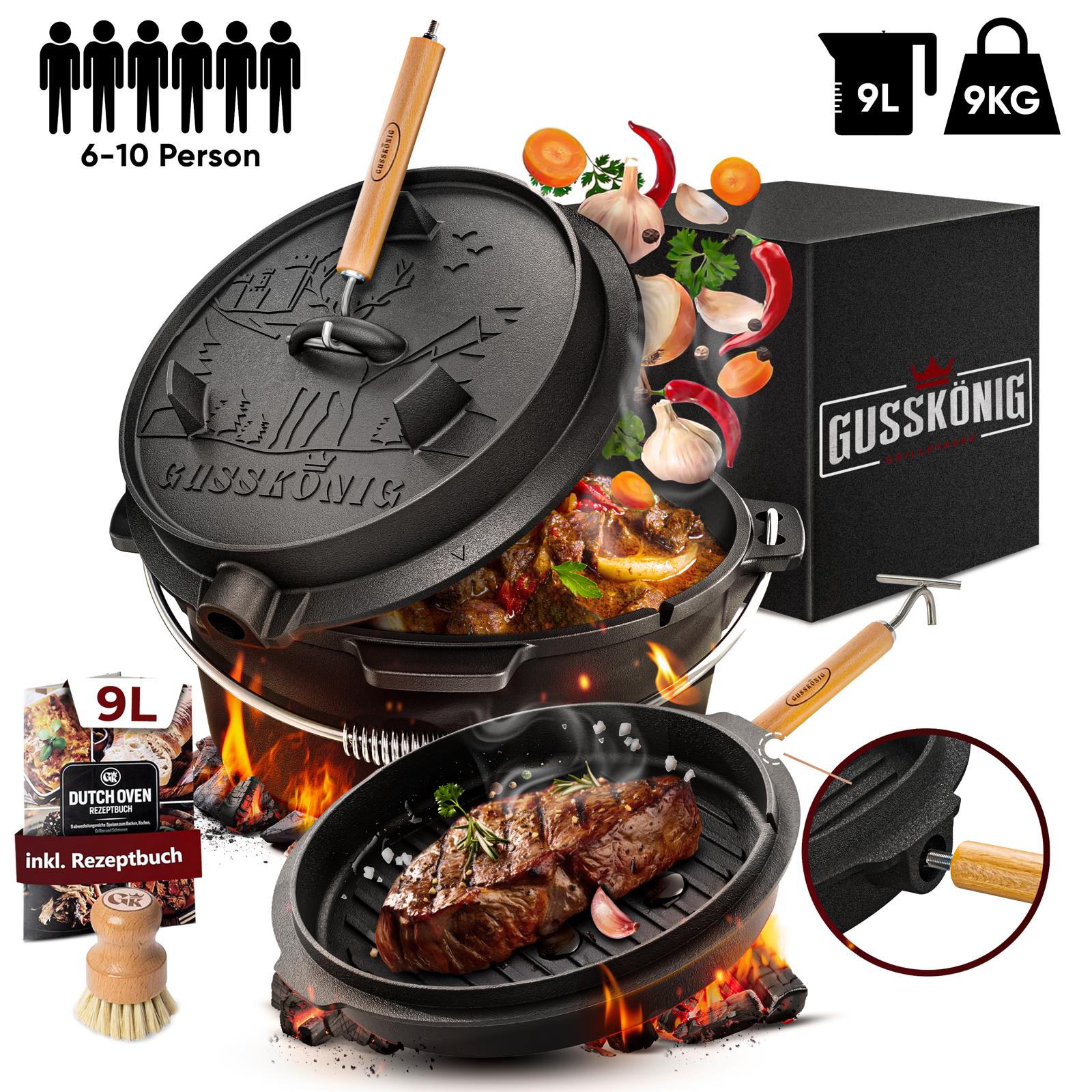 GUSSKÖNIG 9 Liter Dutch Oven Set mit Füßen mit 2in1 Deckelheber GUSSKÖNIG 9 Liter Dutch Oven Set mit Füßen mit 2in1 Deckelheber