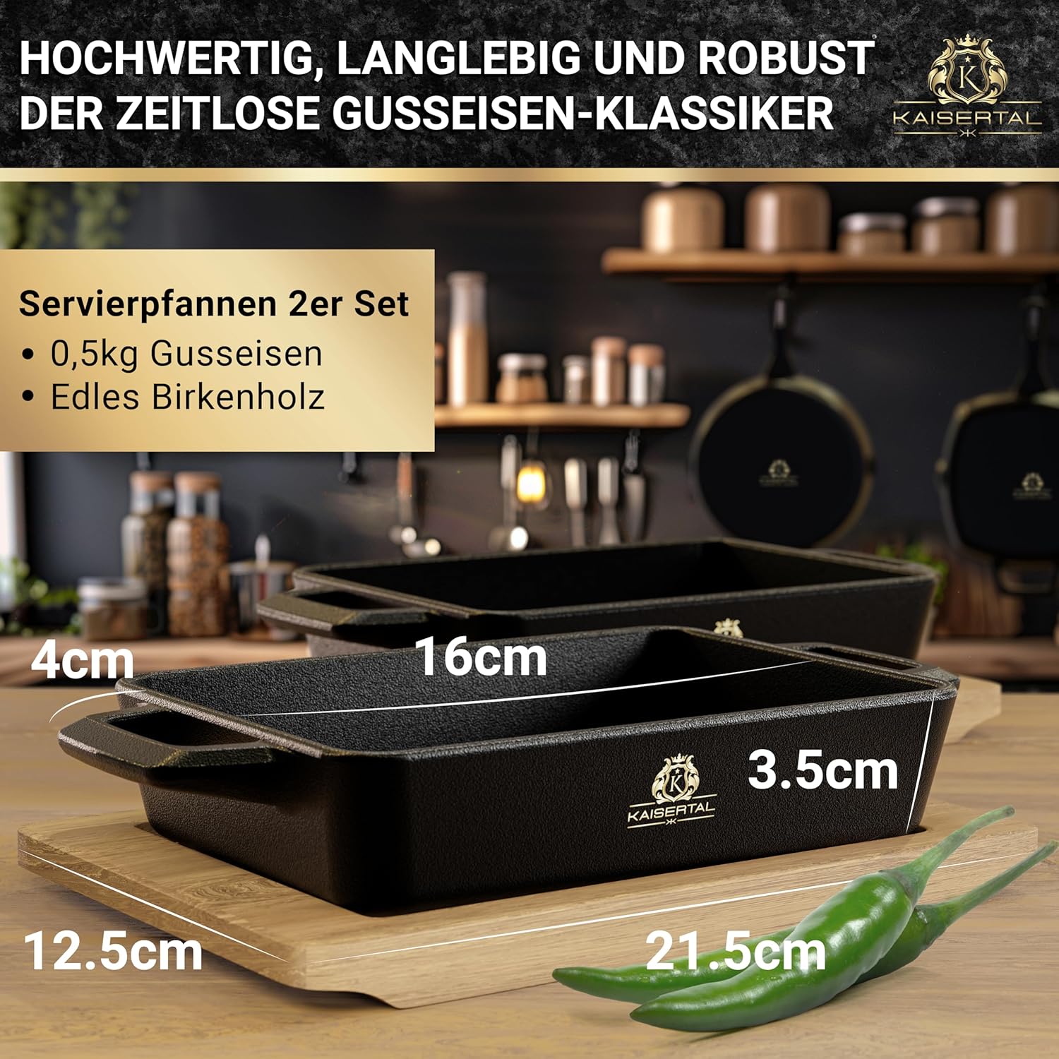 KAISERTAL 2er Set Servierpfanne Gusseisen Quadratisch 16x11 cm - Pfanne mit 2 Griffen & Holzuntersetzer von KAISERTAL