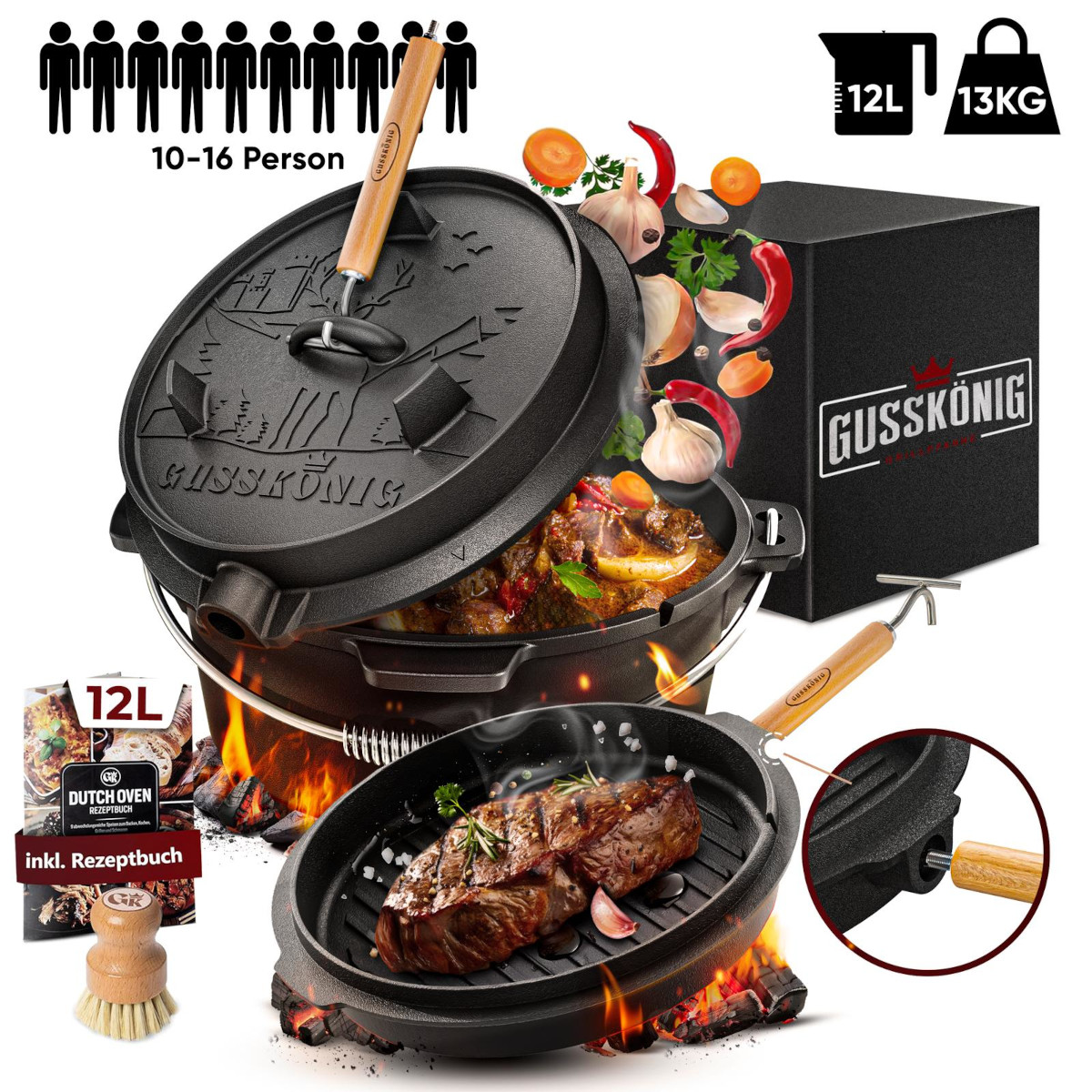 GUSSKÖNIG 12 Liter Dutch Oven Set mit Füßen mit 2in1 Deckelheber von GUSSKÖNIG