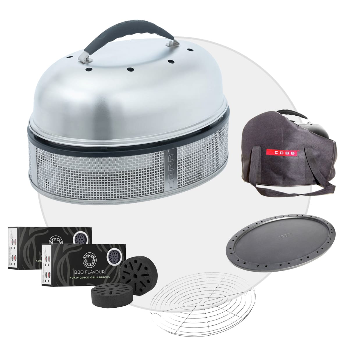 COBB Supreme Deluxe 2.0 Facelift Holzkohlegrill Komplett-Set - inkl. Supreme Pfanne + Bratenrost + Griddle+ + 2x BBQ Flavour Quick Koko Briketts + Tasche