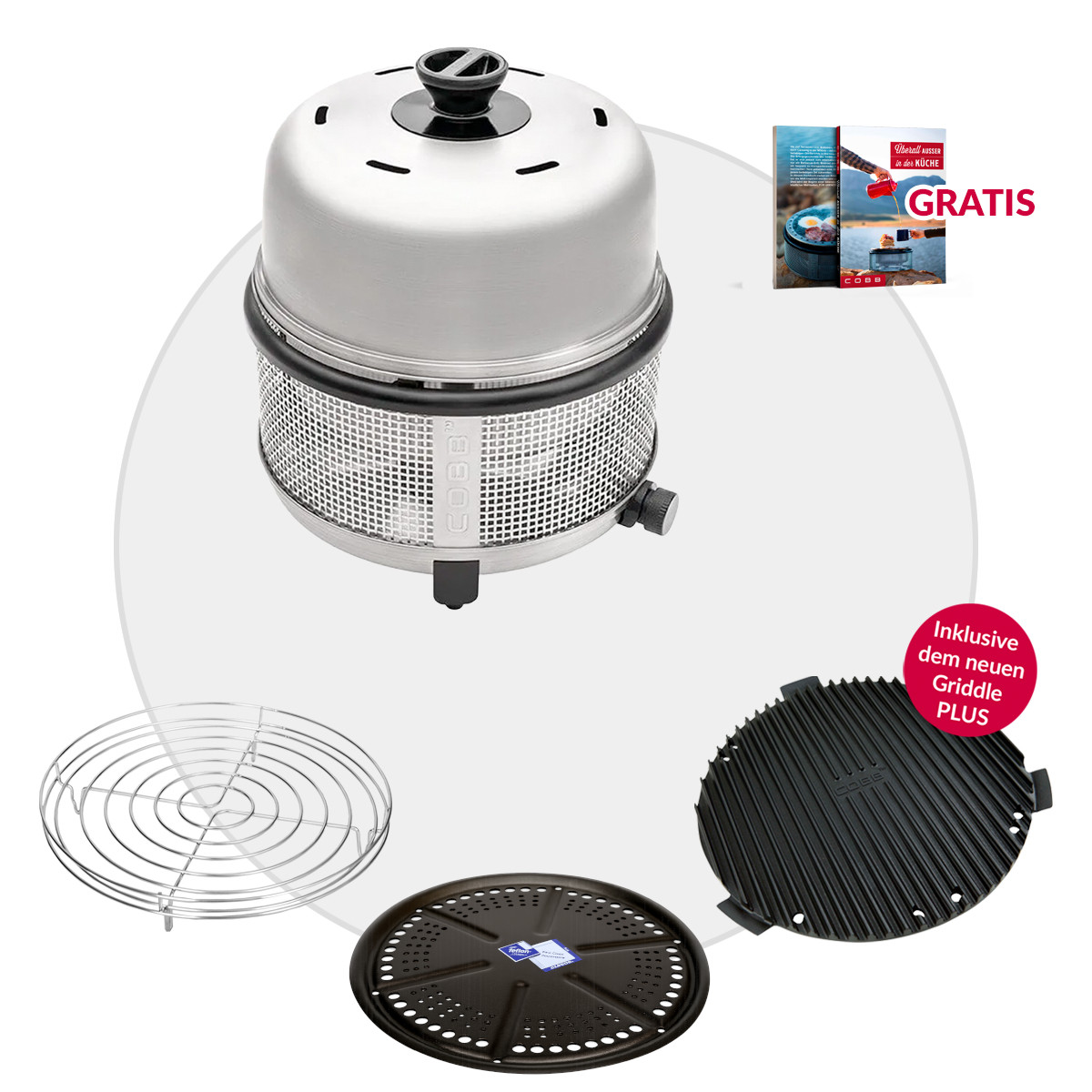 COBB 30 mbar Premier+ Gas DELUXE 4-teilig mit Griddle PLUS + Bratenrost und Grillplatte von Cobb