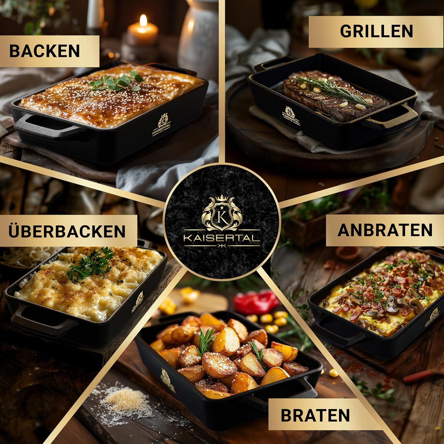 KAISERTAL Servierpfanne Gusseisen Quadratisch 16x11 cm - Pfanne mit 2 Griffen & Holzuntersetzer von KAISERTAL