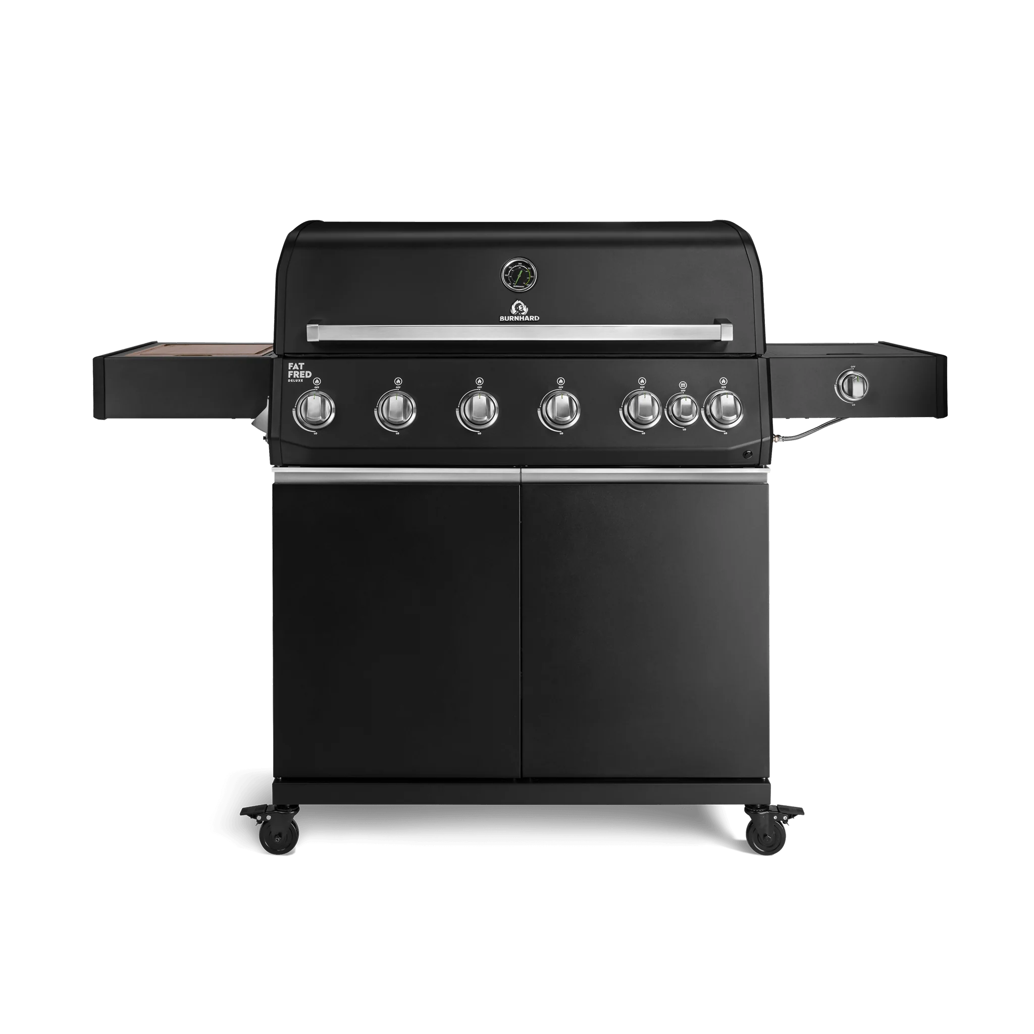 BURNHARD Fat FRED Deluxe Gasgrill 6 Brenner Series 4 Black Edition mit Gusseisen Grillrost Maximale BBQ Power 27,2 kW XXL Grillfläche von BURNHARD