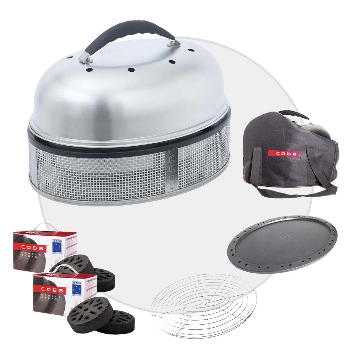 COBB Supreme Deluxe 2.0 Facelift Holzkohlegrill Komplett-Set - inkl. Supreme Pfanne, Bratenrost, Griddle+, 2x Cobble Stone & Tasche