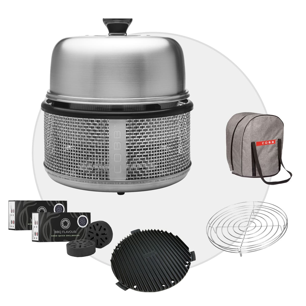 Cobb Premier AIR DELUXE Grill inkl. Air Deckel & Griddle & Bratenrost & Tasche & BBQ Flavour Quick Koko Briketts von Cobb