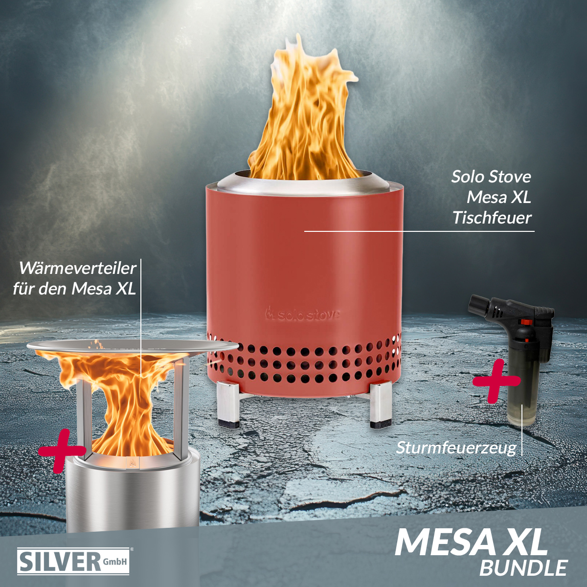 Solo Stove Mesa XL Tischfeuer Ø 17,8cm Tischkamin Outdoor Mulberry & Mesa XL Wärmeverteiler