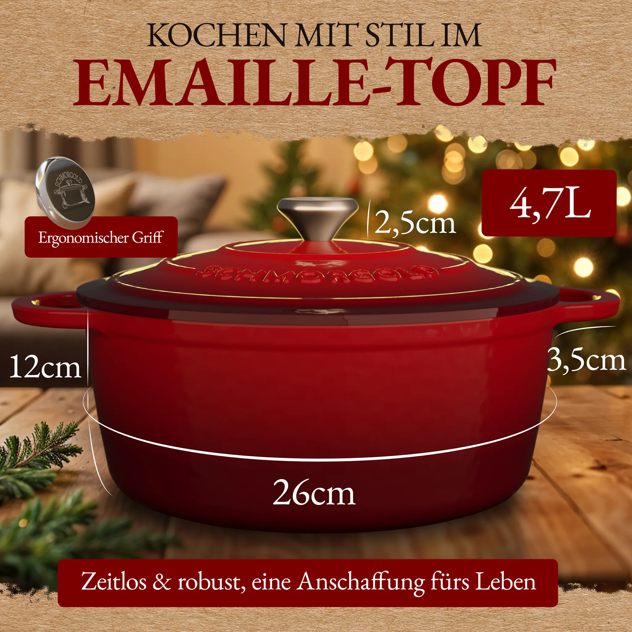 SCHMORGOLD Emaillierter Gusseisen Schmortopf mit Deckel - 26 cm - 4,7 Liter von SCHMORGOLD