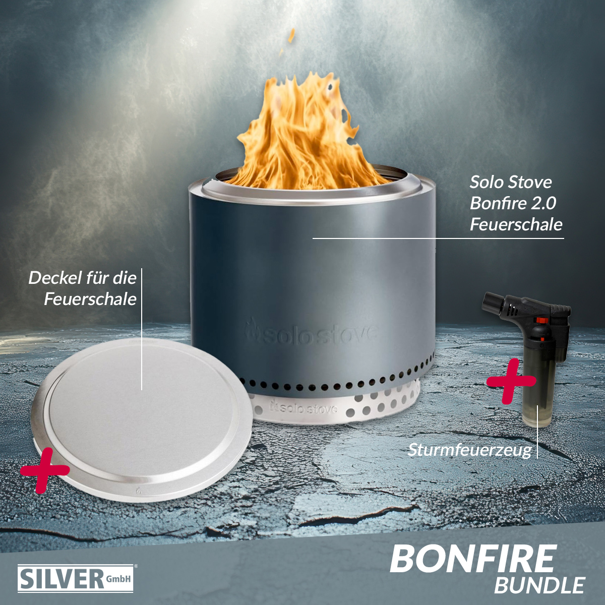 Solo Stove BONFIRE 2.0 Gunmetal Metallic Bundle inkl. Edelstahl Deckel + Standfuß + Tragetasche + Sturmfeuerzeug