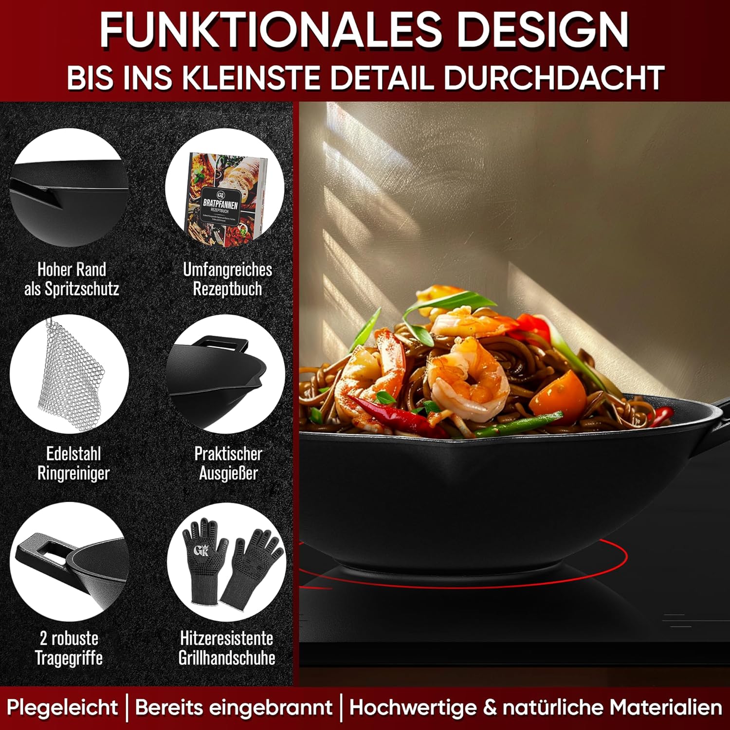 GUSSKÖNIG Gusseisen Wok Pfanne - 36 cm robuste Wokpfanne inklusive Edelstahl Ringreiniger & Grillhandschuhe von GUSSKÖNIG