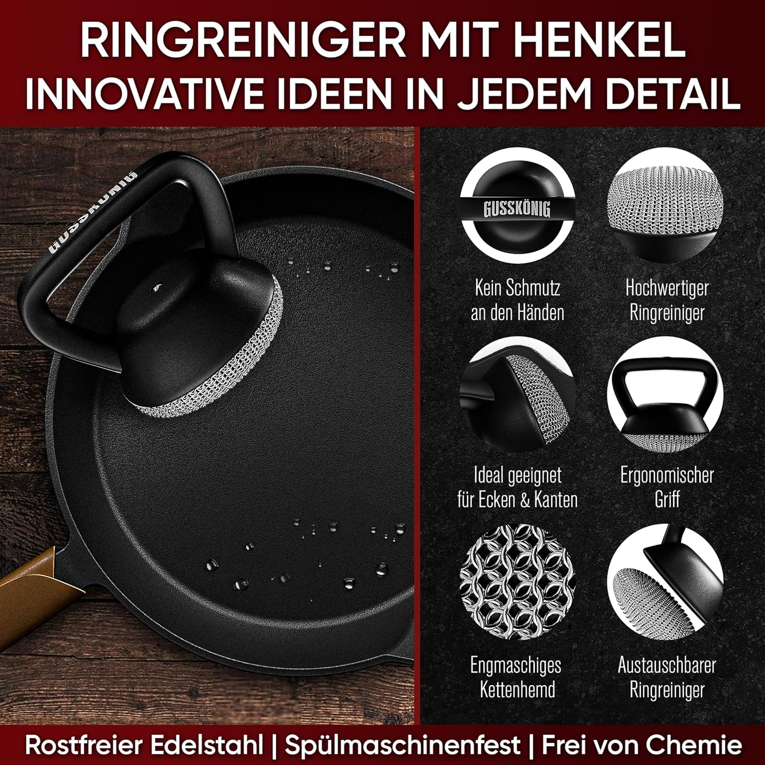 GUSSKÖNIG Ringreiniger mit Silikongriff für die schonende Reinigung von Gusseisenprodukten von GUSSKÖNIG