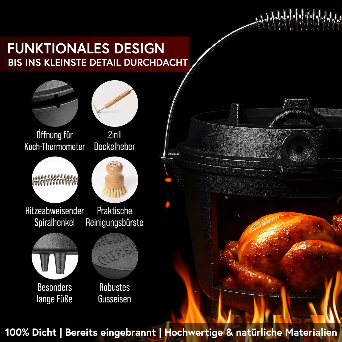GUSSKÖNIG 4,5 Liter Dutch Oven Set mit Füßen | Eingebrannter Feuertopf | 2in1 Deckelheber | Bürste von GUSSKÖNIG