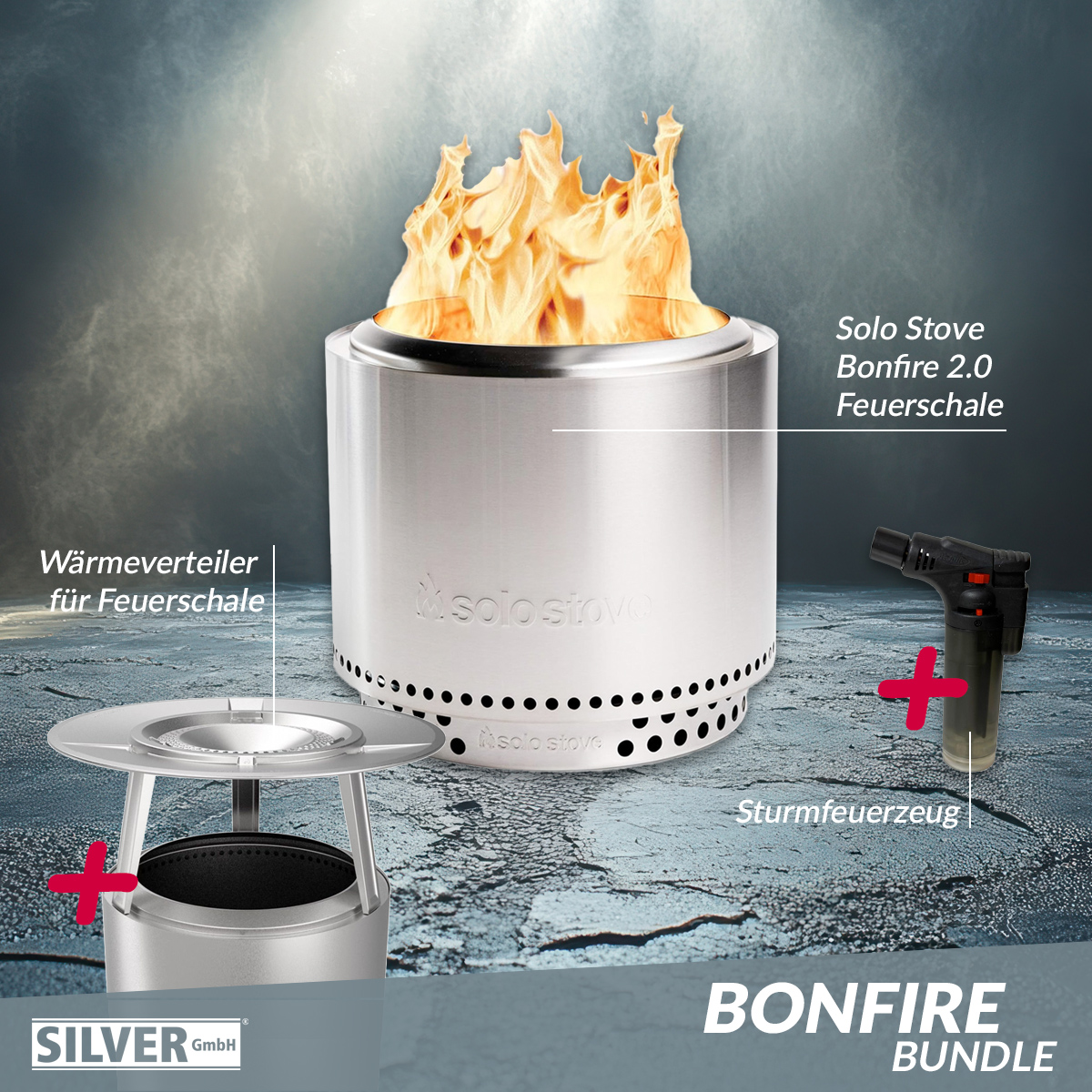 Solo Stove BONFIRE 2.0 Edelstahl Bundle inkl. Edelstahl Wärmeverteiler + Standfuß + Tragetasche + Sturmfeuerzeug
