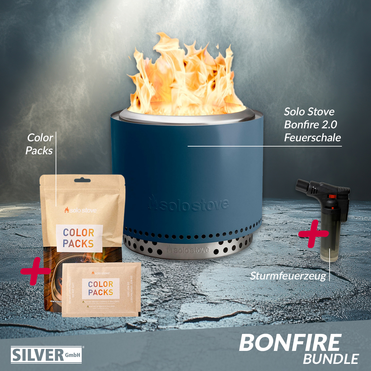 Solo Stove BONFIRE 2.0 + STAND Water + Buntes Feuer + Sturmfeuerzeug
