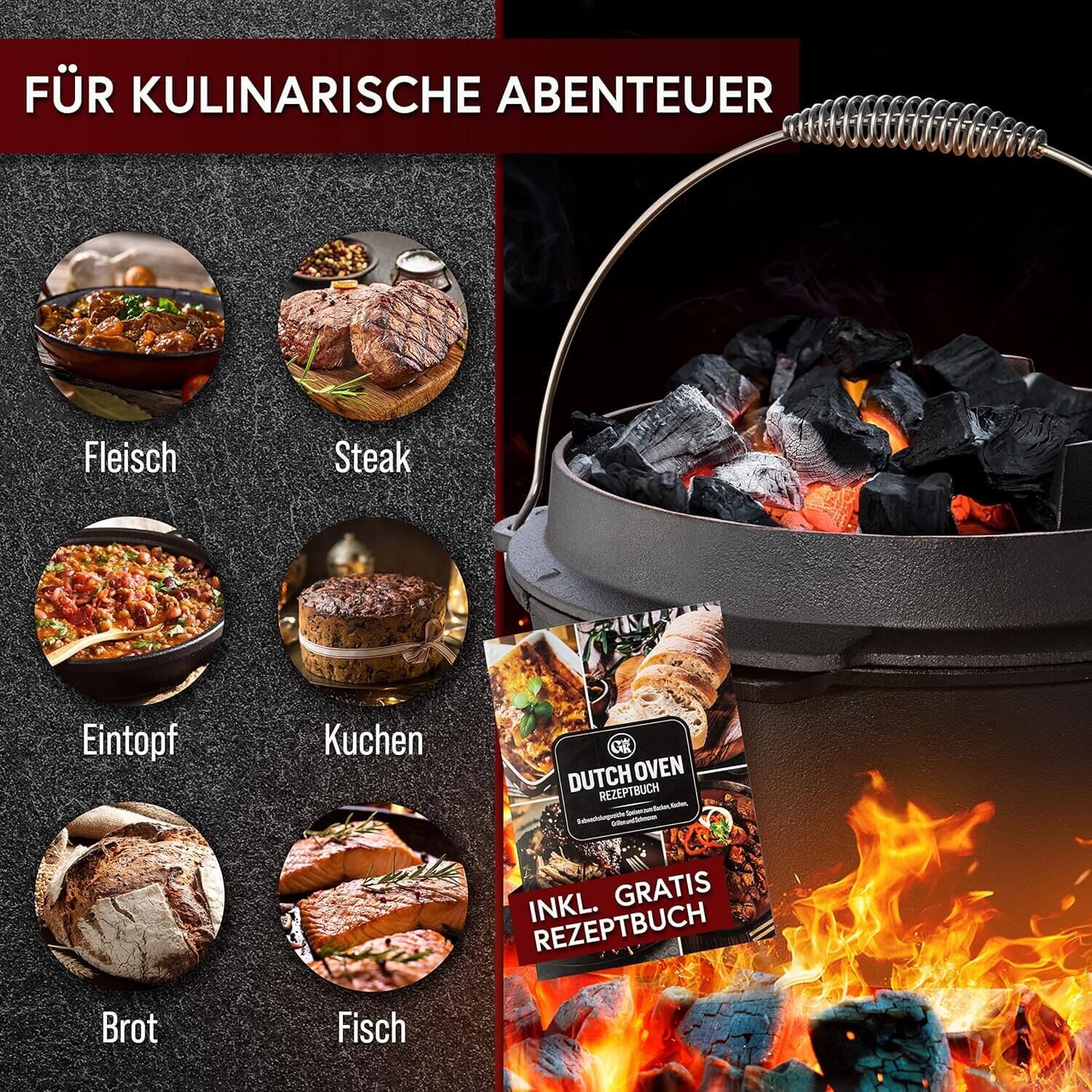 GUSSKÖNIG 9 Liter Dutch Oven Set ohne Füße mit 2in1 Deckelheber von GUSSKÖNIG