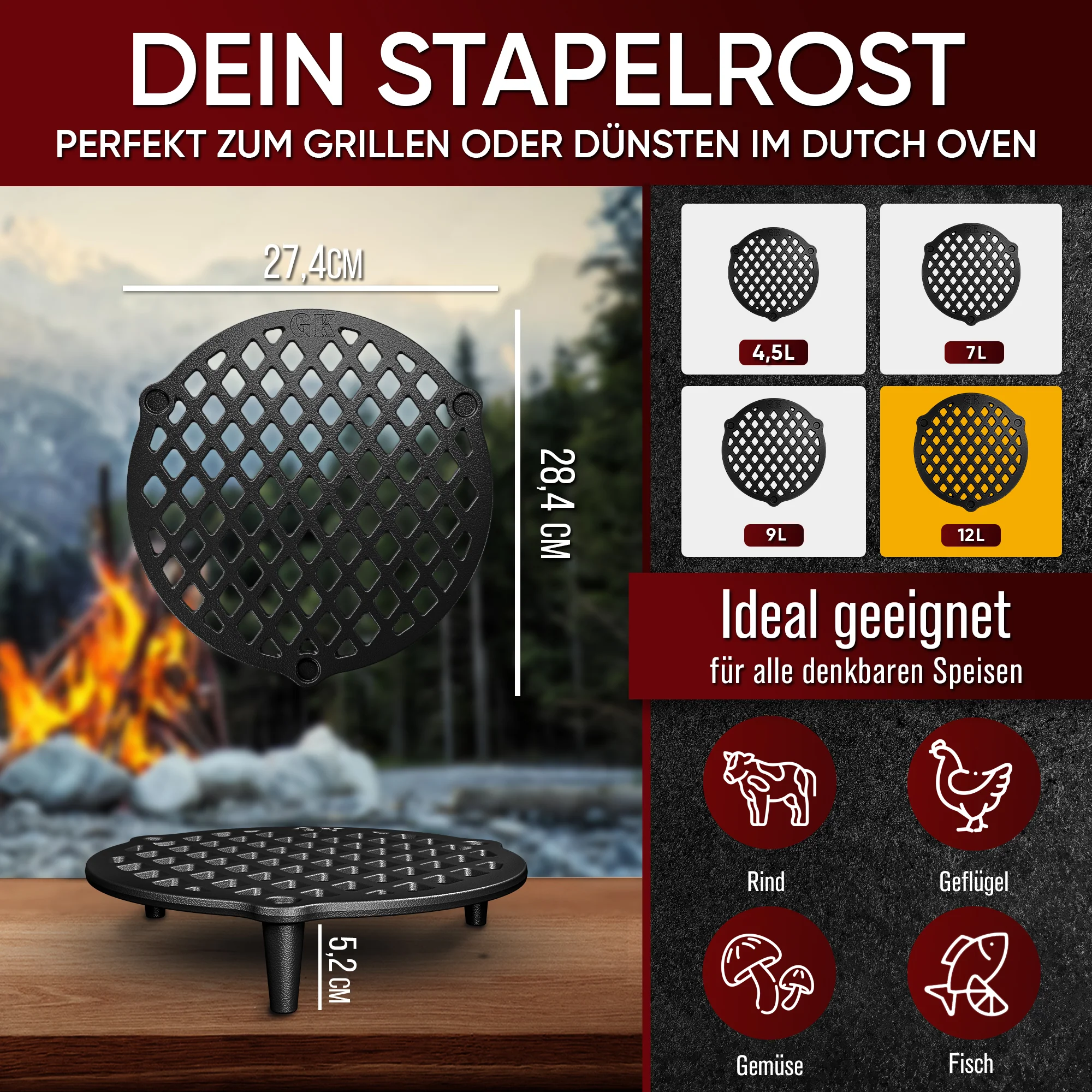 GUSSKÖNIG Gusseisen Stapelrost für Dutch Oven 12 Liter Ø 28cm von GUSSKÖNIG