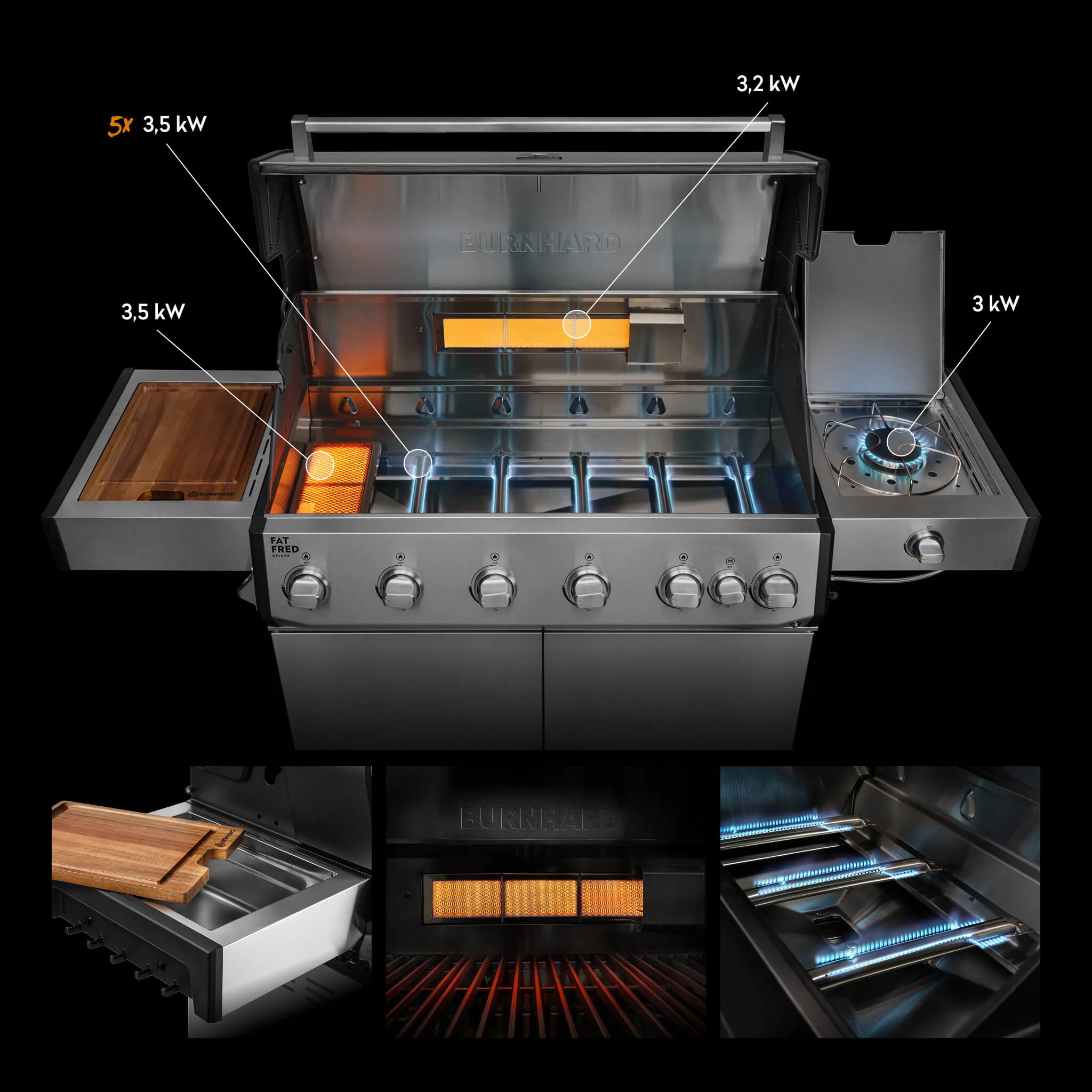 BURNHARD Fat FRED Deluxe Gasgrill 6 Brenner Series 4 Edelstahl Grill mit Gusseisen Grillrost Maximale BBQ Power 27,2 kW XXL Grillfläche von BURNHARD