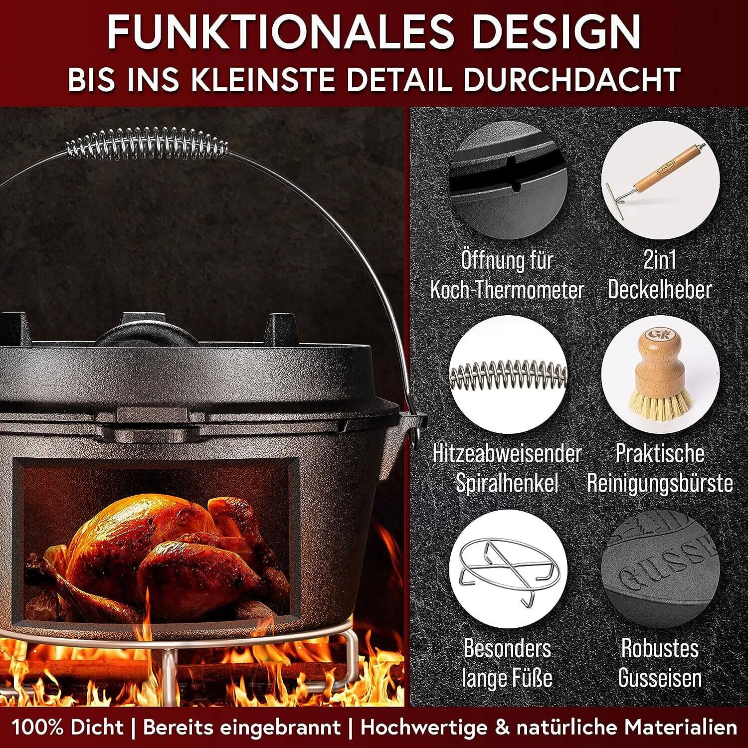 GUSSKÖNIG 9 Liter Dutch Oven Set ohne Füße mit 2in1 Deckelheber von GUSSKÖNIG