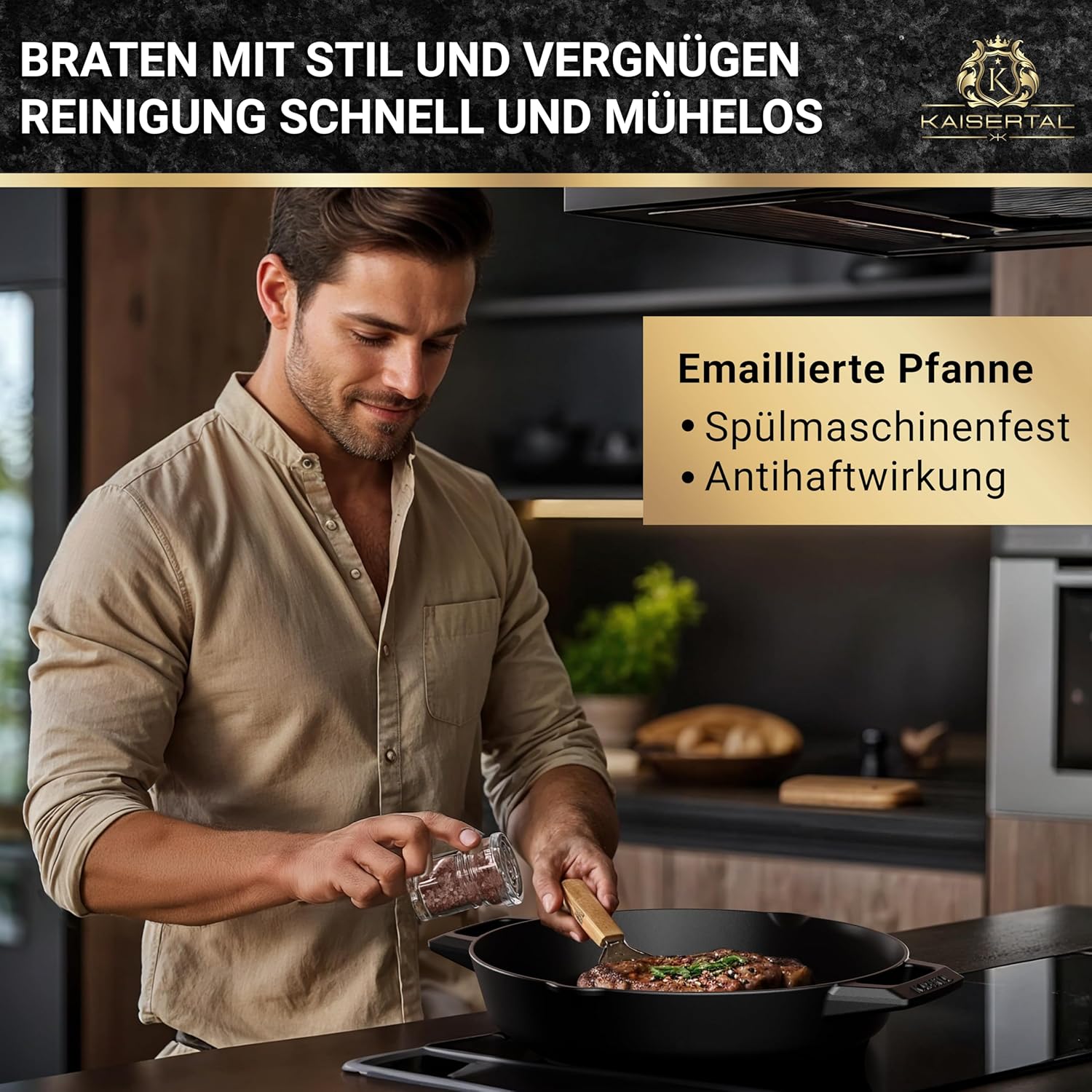 KAISERTAL Emaillierte Gusseisen Bratpfanne 31 cm Eingebrannt - Doppelgriff von KAISERTAL