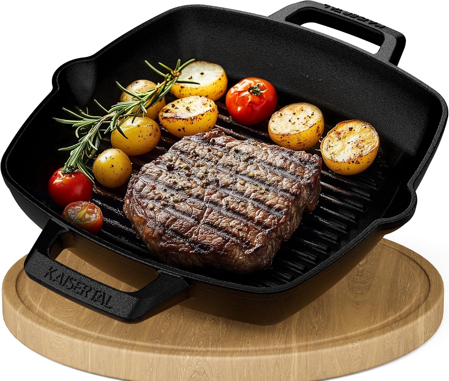 KAISERTAL Gusseisen Grillpfanne 26 cm Eingebrannt - Quadratisch mit Doppelgriff