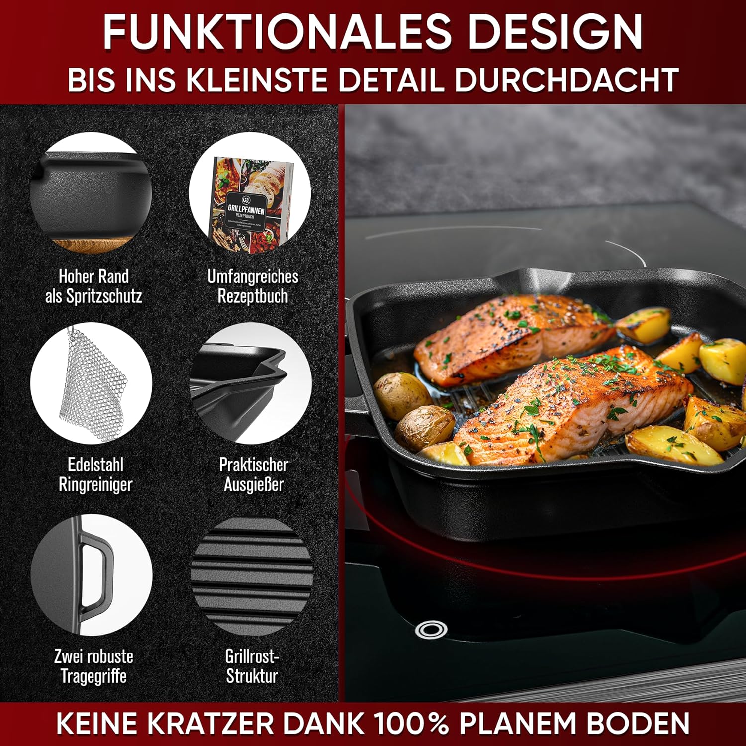 GUSSKÖNIG 26cm quadratische Gusseisenpfanne Pfanne Gusseisen - Grillpfanne Induktion von GUSSKÖNIG