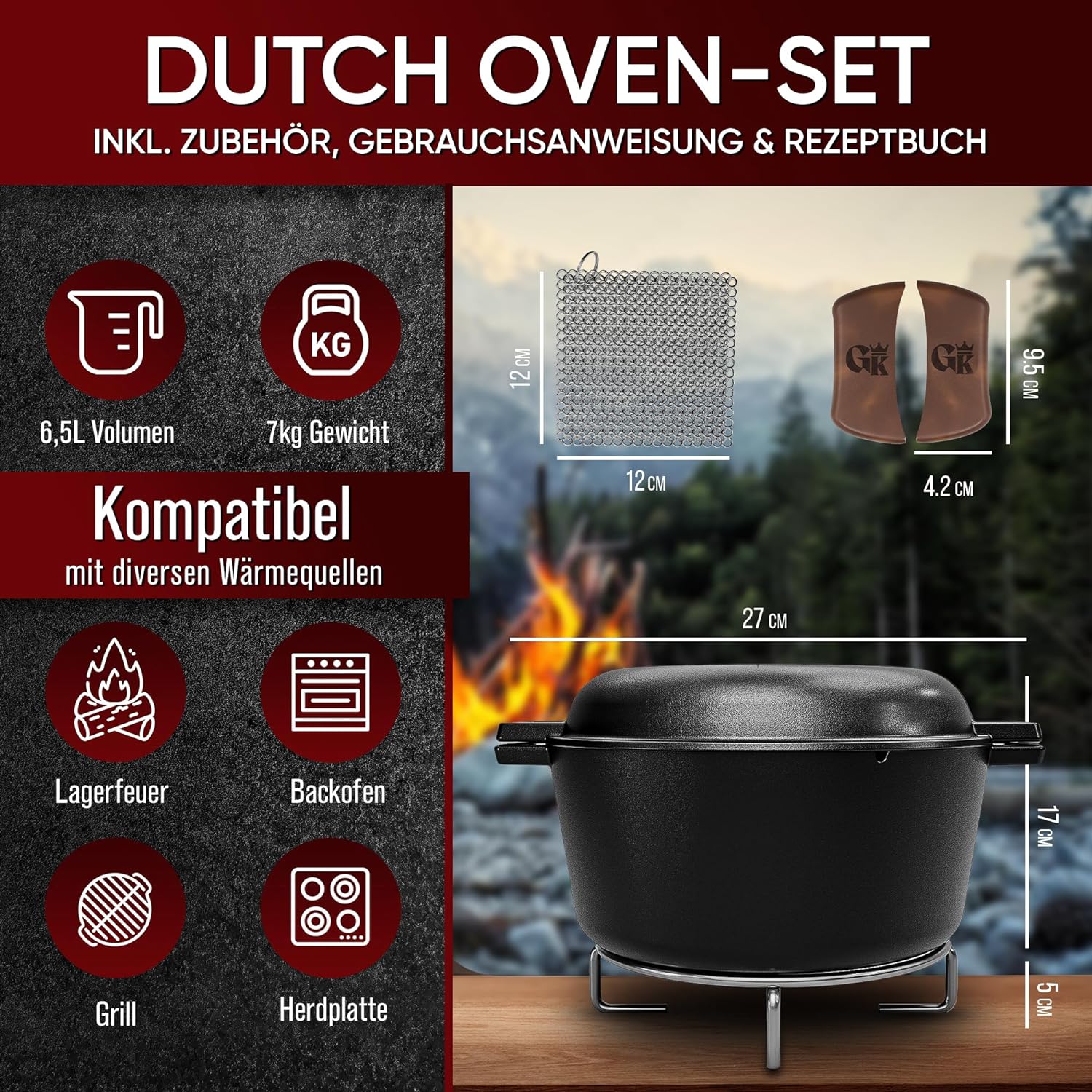 GUSSKÖNIG Dutch Oven - 2in1 Eingebrannter Gusseisen Topf 4,8L & Gusspfanne 1,8L von GUSSKÖNIG