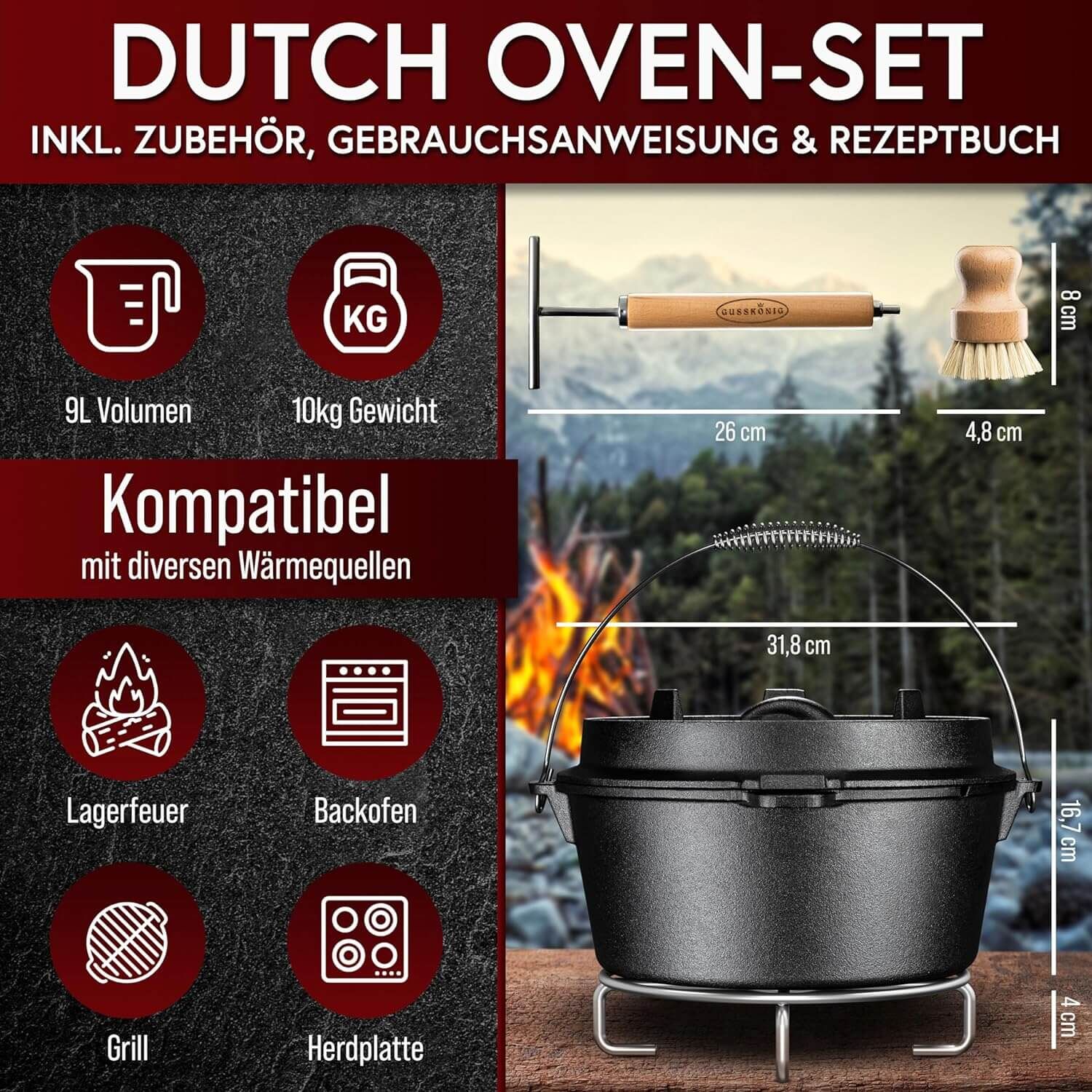 GUSSKÖNIG 9 Liter Dutch Oven Set ohne Füße mit 2in1 Deckelheber von GUSSKÖNIG