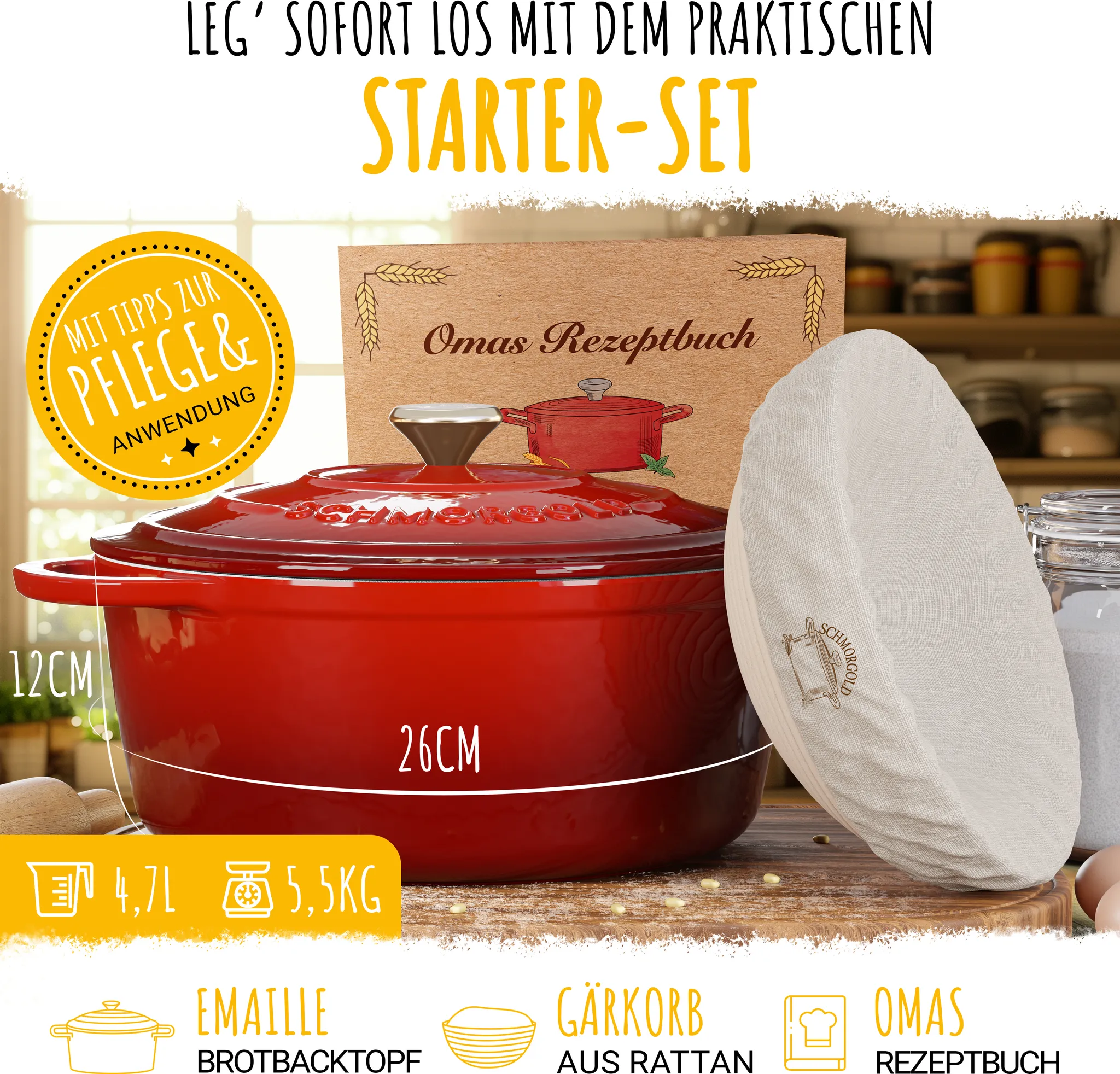 SCHMORGOLD Brotbacktopf & Schmortopf aus emailliertem Gusseisen & Gärkorb - 26 cm von SCHMORGOLD