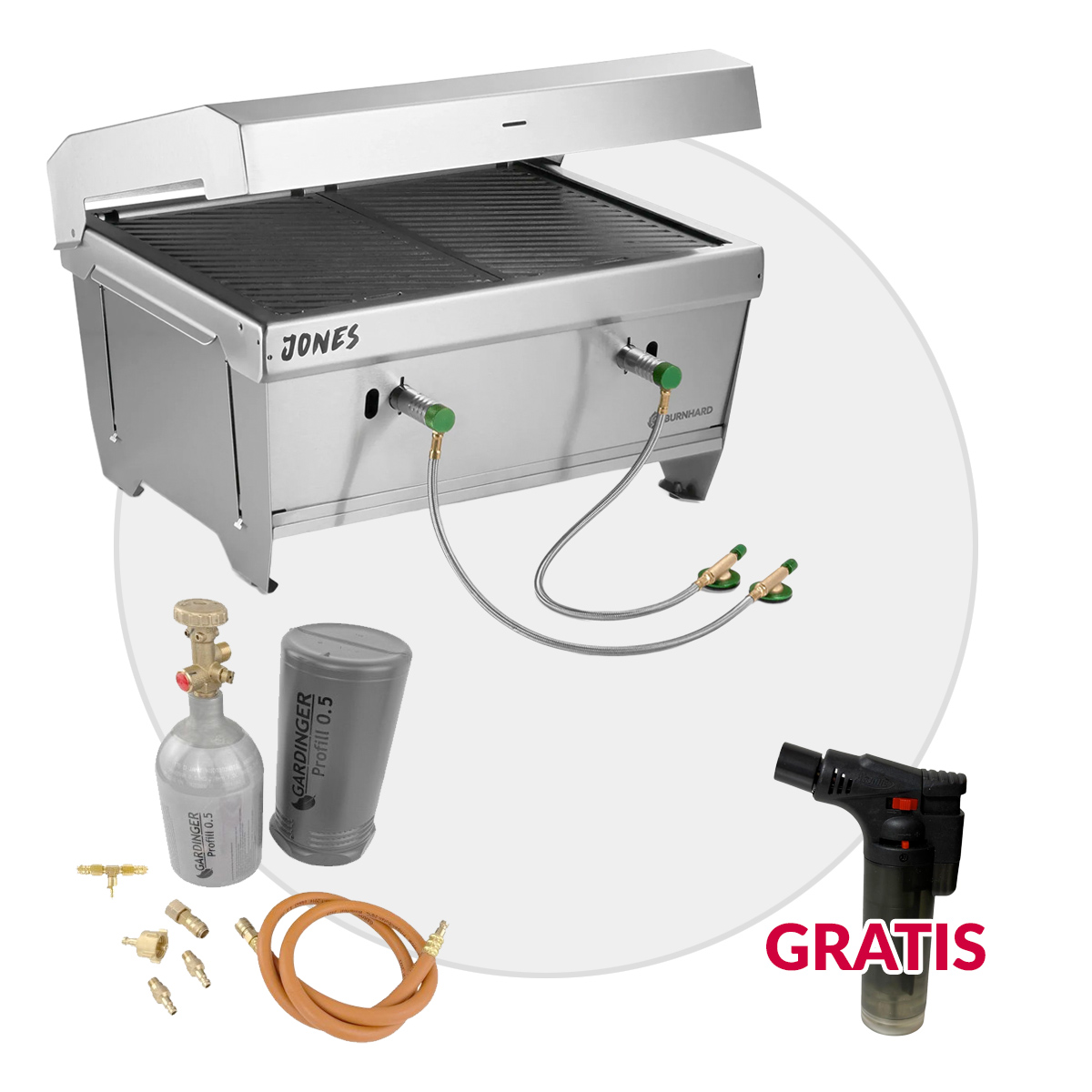 BURNHARD JONES Campinggrill 2 Brenner + Profill 0.5 DUO Gasflaschen Bundle von BURNHARD